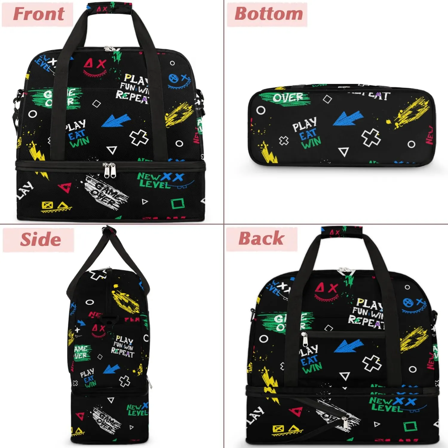 Gym Bag for Men Women, Play Eat Win Carry on Travel Duffel Bag with Trolley Sleeve, Waterproof Weekender Overnight Bags with Shoes and Wet Clothes Compartment for Sleepover Workout Sports