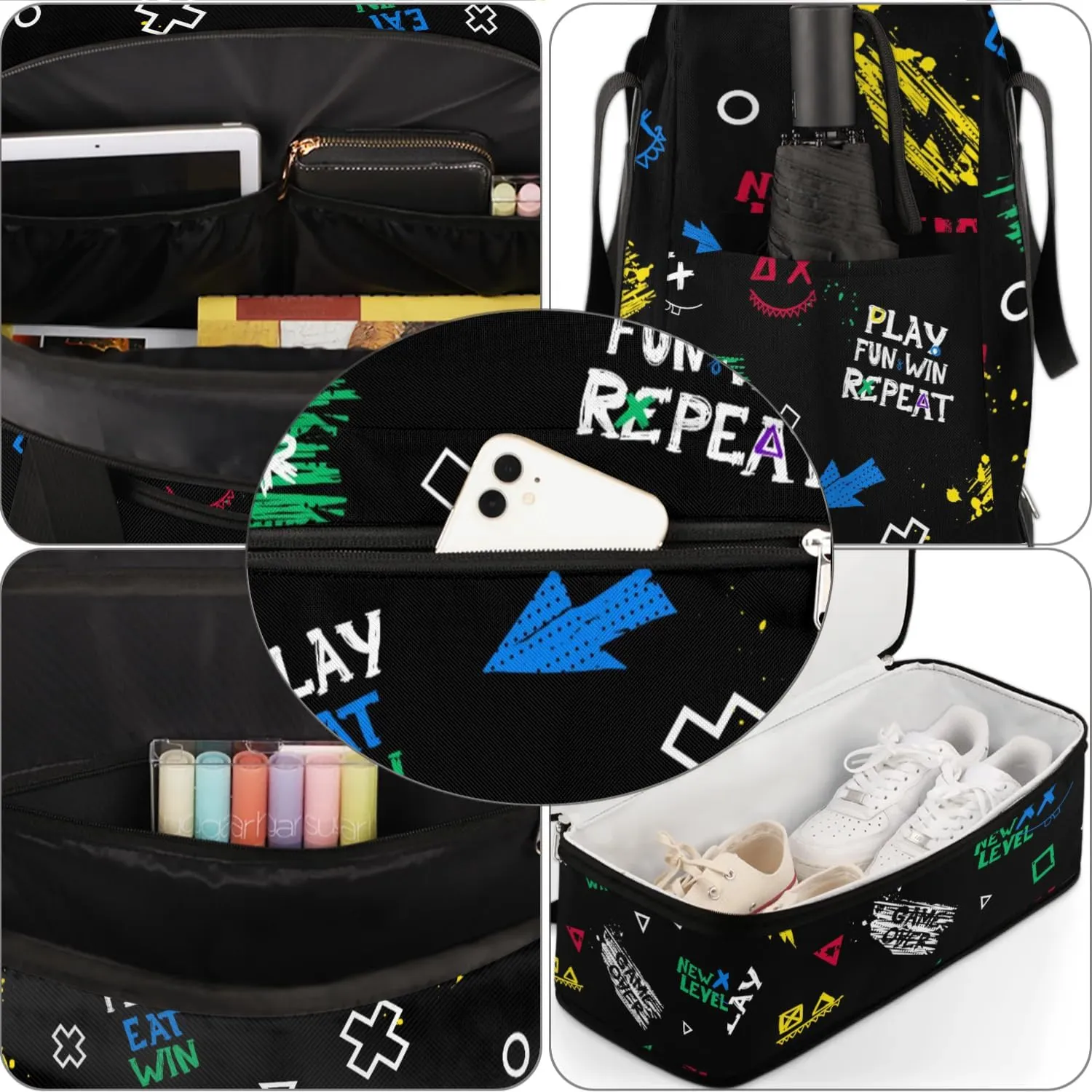 Gym Bag for Men Women, Play Eat Win Carry on Travel Duffel Bag with Trolley Sleeve, Waterproof Weekender Overnight Bags with Shoes and Wet Clothes Compartment for Sleepover Workout Sports