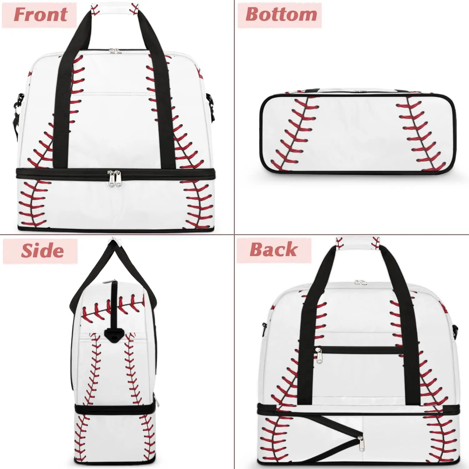 Gym Bag for Men Women, White Baseball Carry on Travel Duffel Bag with Trolley Sleeve, Waterproof Weekender Overnight Bags with Shoes and Wet Clothes Compartment for Sleepover Workout Sports