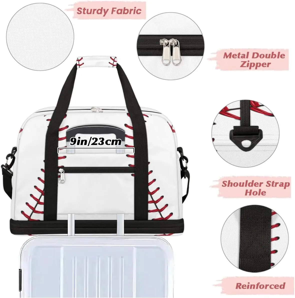 Gym Bag for Men Women, White Baseball Carry on Travel Duffel Bag with Trolley Sleeve, Waterproof Weekender Overnight Bags with Shoes and Wet Clothes Compartment for Sleepover Workout Sports