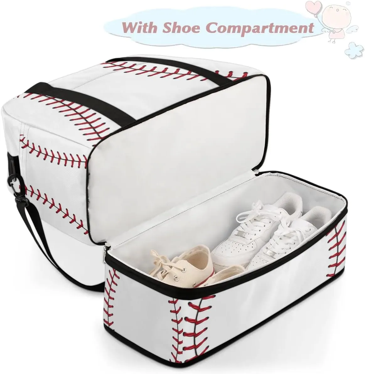 Gym Bag for Men Women, White Baseball Carry on Travel Duffel Bag with Trolley Sleeve, Waterproof Weekender Overnight Bags with Shoes and Wet Clothes Compartment for Sleepover Workout Sports