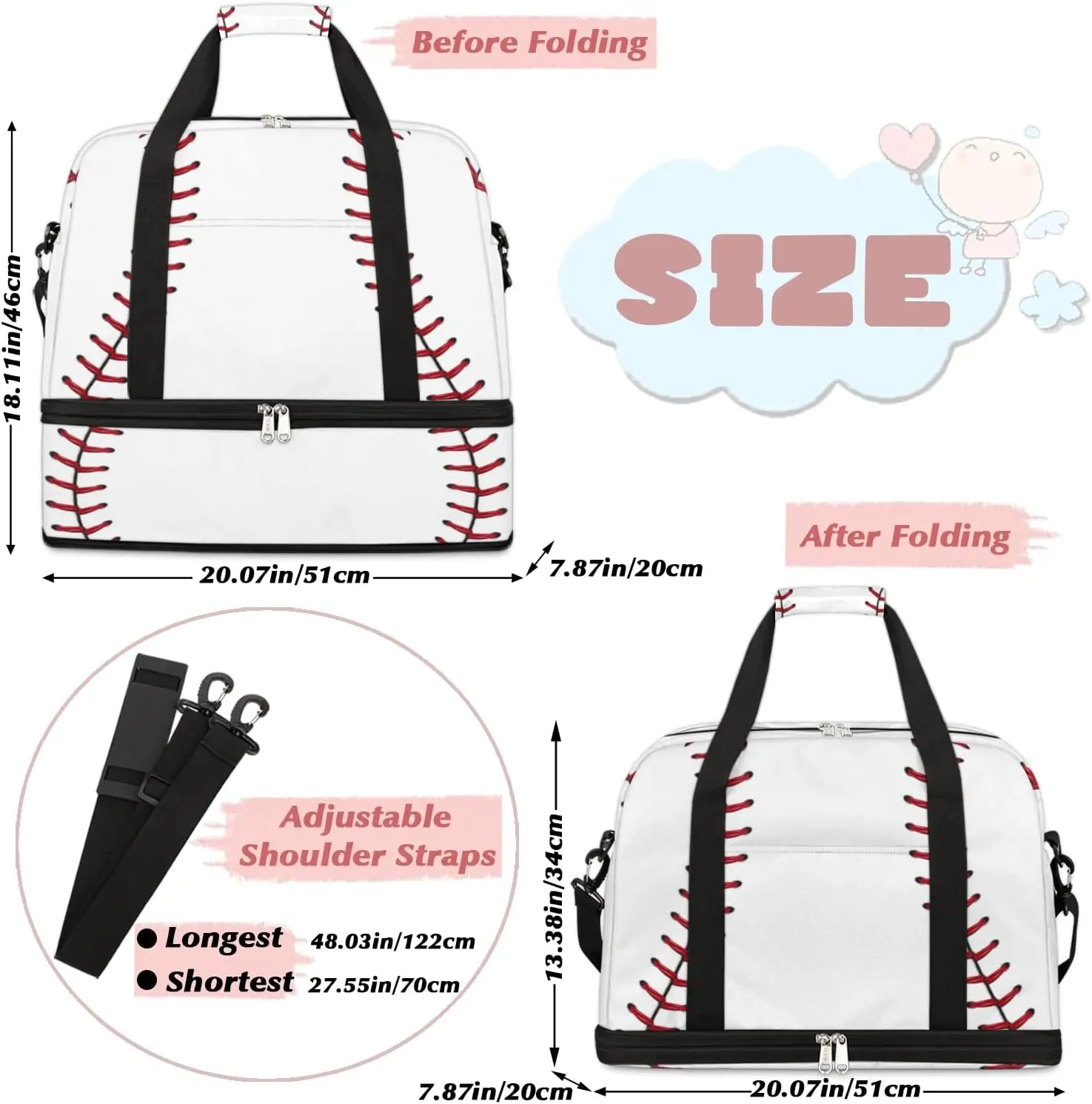Gym Bag for Men Women, White Baseball Carry on Travel Duffel Bag with Trolley Sleeve, Waterproof Weekender Overnight Bags with Shoes and Wet Clothes Compartment for Sleepover Workout Sports