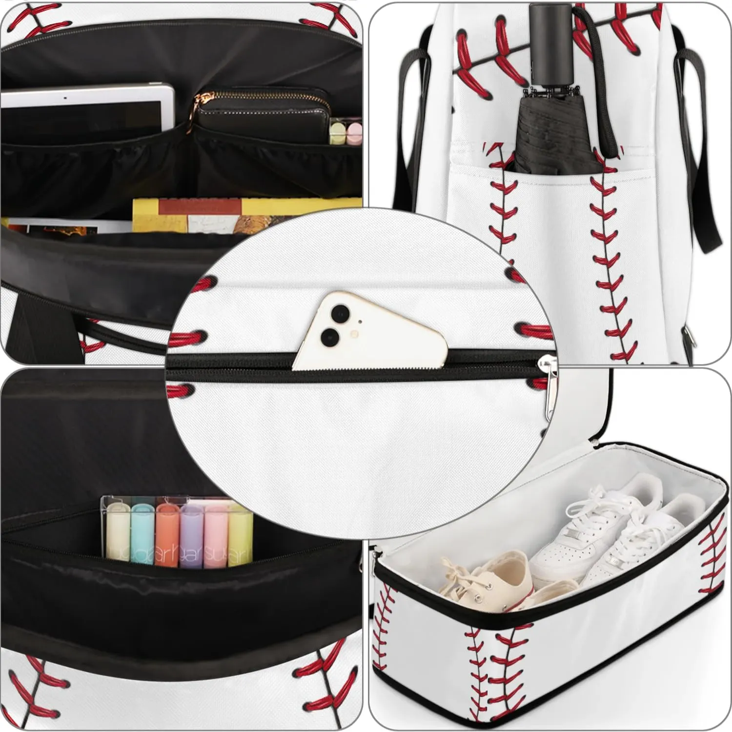 Gym Bag for Men Women, White Baseball Carry on Travel Duffel Bag with Trolley Sleeve, Waterproof Weekender Overnight Bags with Shoes and Wet Clothes Compartment for Sleepover Workout Sports