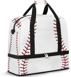Gym Bag for Men Women, White Baseball Carry on Travel Duffel Bag with Trolley Sleeve, Waterproof Weekender Overnight Bags with Shoes and Wet Clothes Compartment for Sleepover Workout Sports