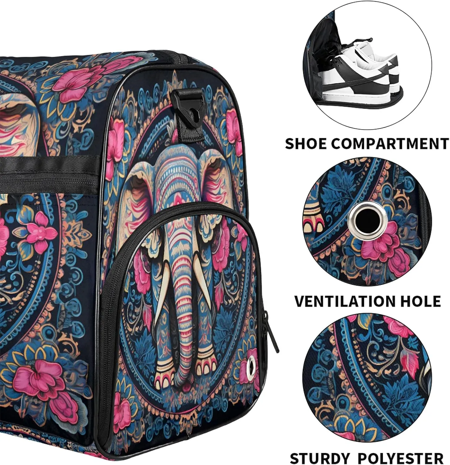 Gym Bag for Women Men Animal Cool Elephant Travel Duffle Bag with Shoe Compartment Waterproof Sports Tote Bags Large Overnight Weekender Bags for Travel Swimming Gym Yoga Dance