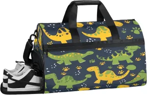 Gym Bag for Women Men Animal Dinosaur Green Cute Travel Duffle Bag with Shoe Compartment Waterproof Sports Tote Bags Large Overnight Weekender Bags for Travel Swimming Gym Yoga Dance