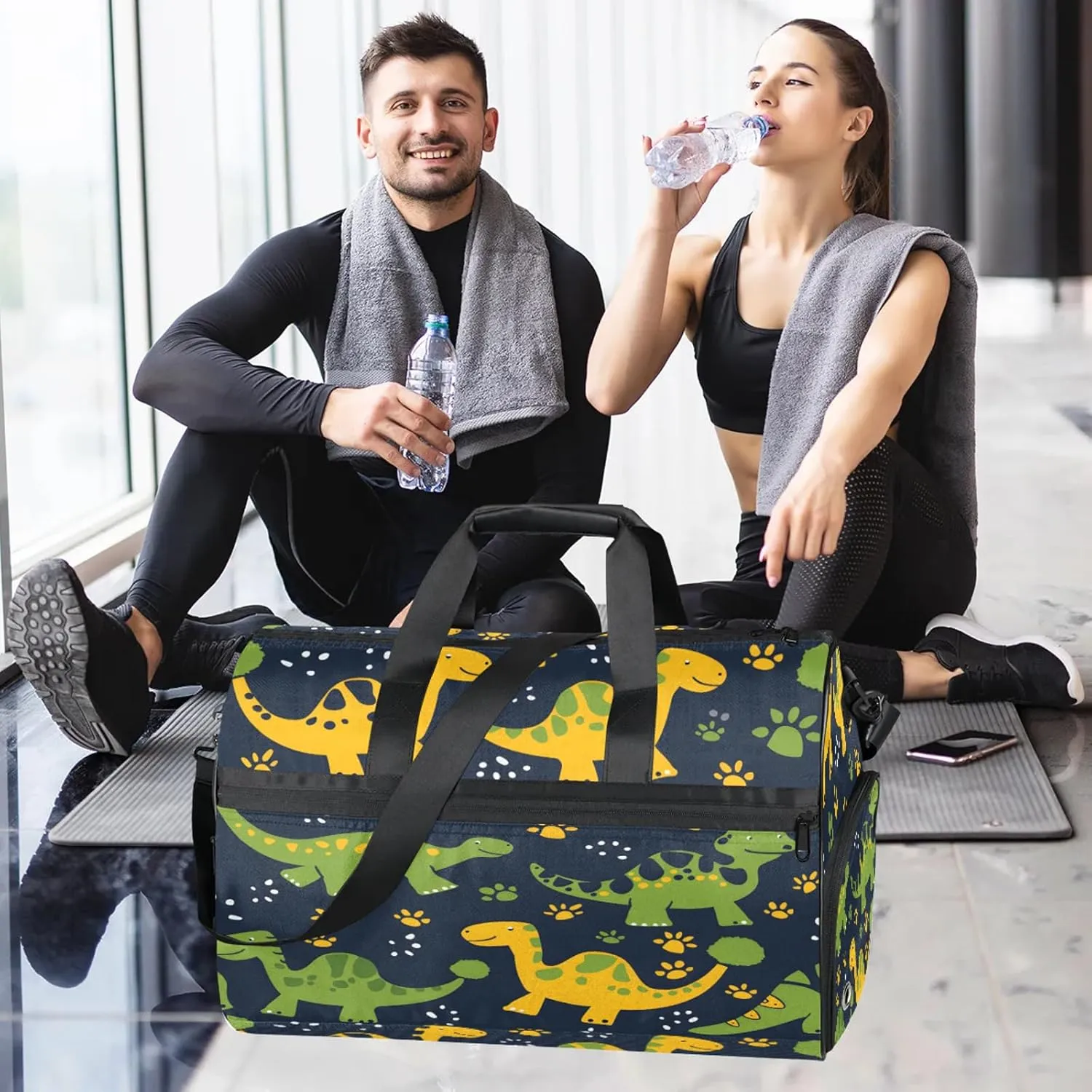 Gym Bag for Women Men Animal Dinosaur Green Cute Travel Duffle Bag with Shoe Compartment Waterproof Sports Tote Bags Large Overnight Weekender Bags for Travel Swimming Gym Yoga Dance