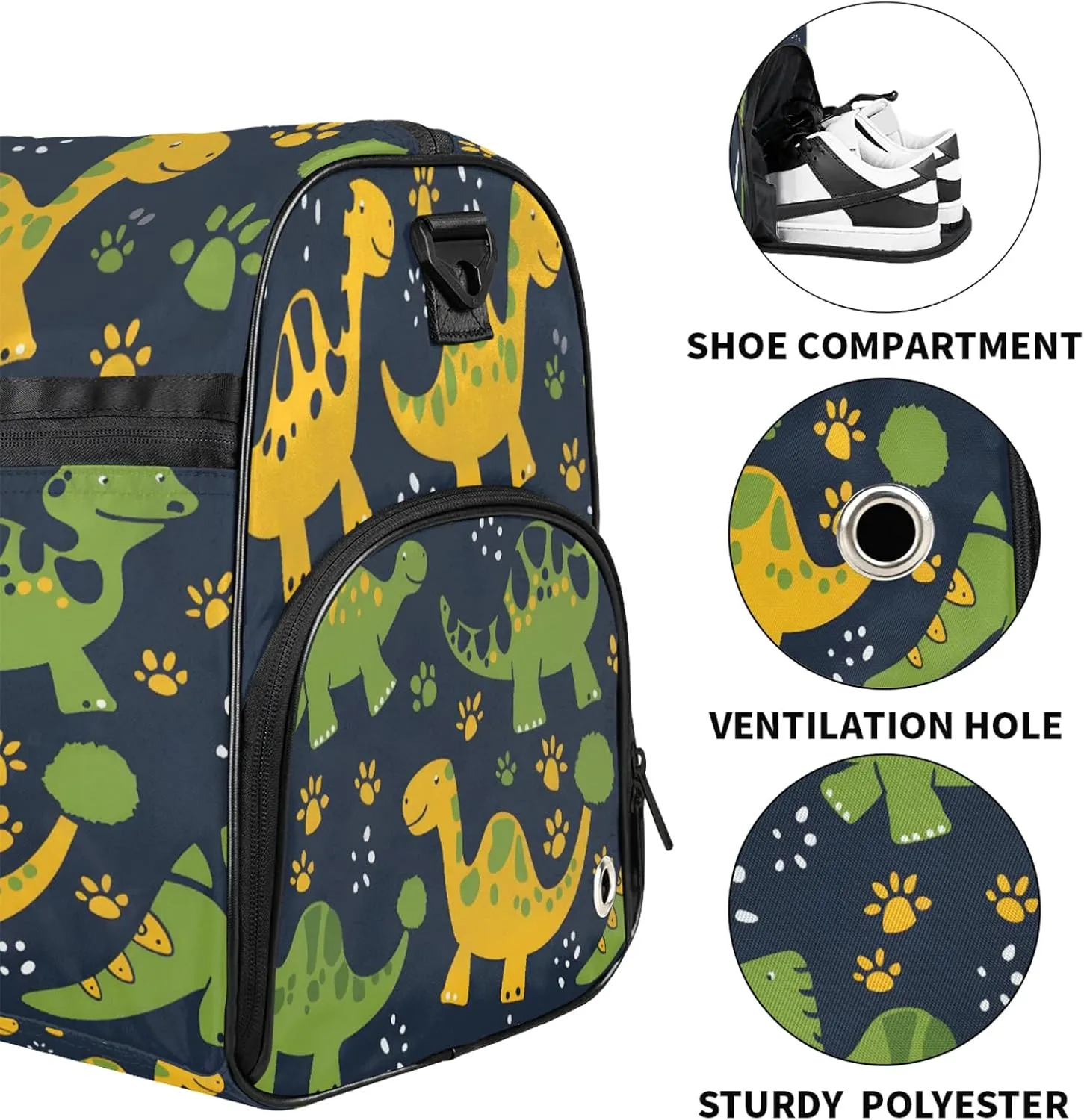 Gym Bag for Women Men Animal Dinosaur Green Cute Travel Duffle Bag with Shoe Compartment Waterproof Sports Tote Bags Large Overnight Weekender Bags for Travel Swimming Gym Yoga Dance