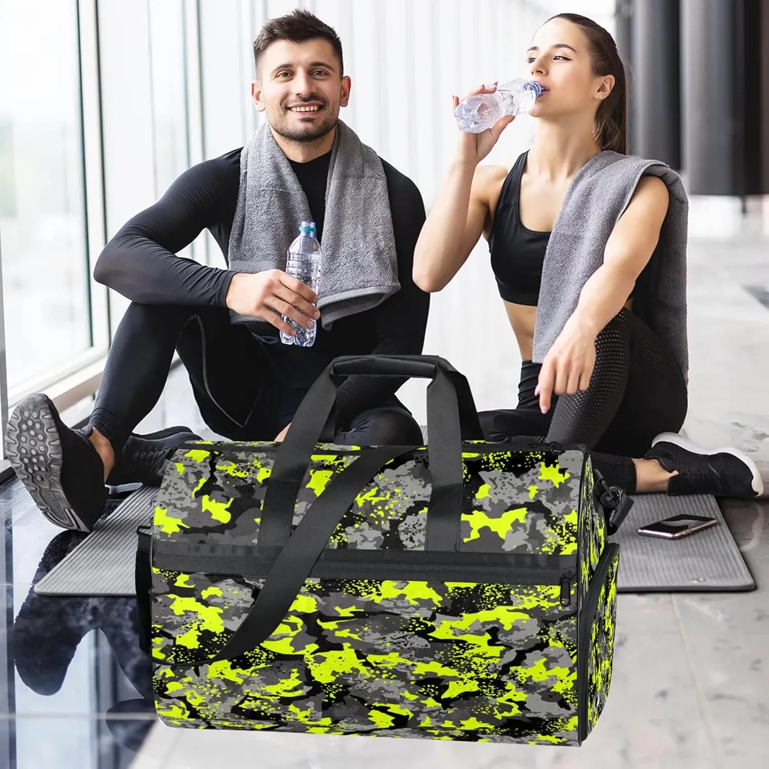 Gym Bag for Women Men Army Camo Green Travel Duffle Bag with Shoe Compartment Waterproof Sports Tote Bags Large Overnight Weekender Bags for Travel Swimming Gym Yoga Dance