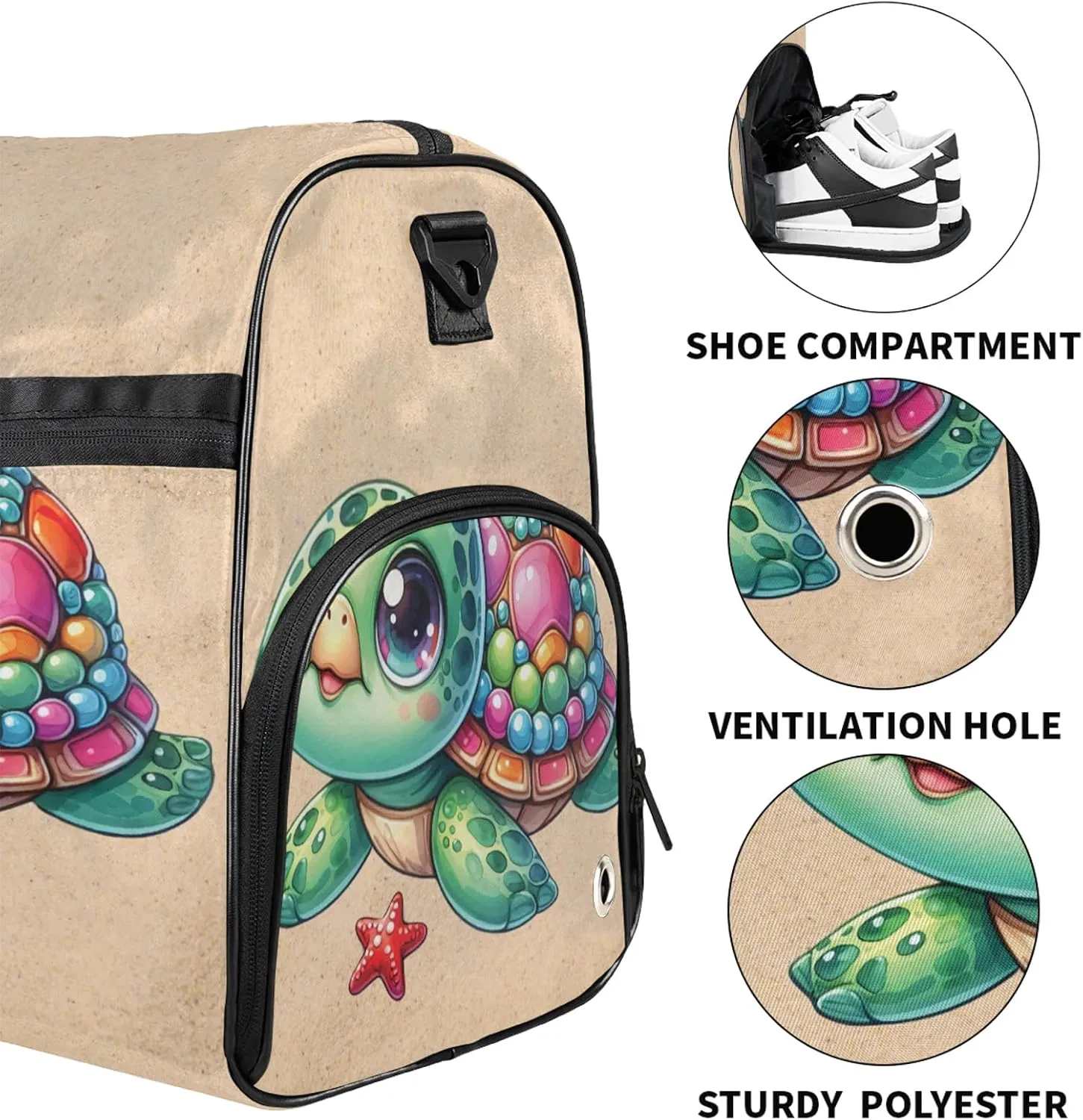Gym Bag for Women Men Cute Turtle Beach Summer Travel Duffle Bag with Shoe Compartment Waterproof Sports Tote Bags Large Overnight Weekender Bags for Travel Swimming Gym Yoga Dance