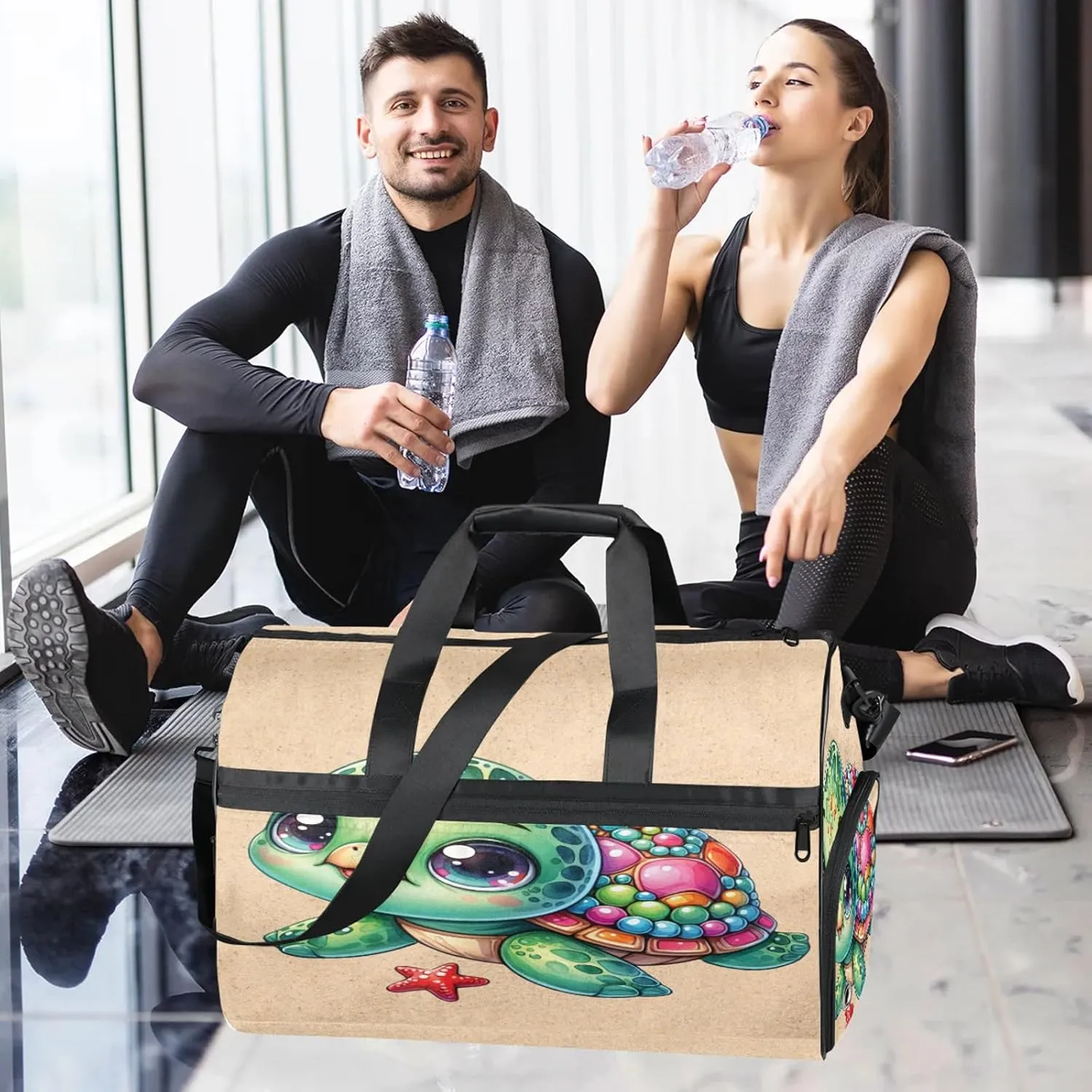 Gym Bag for Women Men Cute Turtle Beach Summer Travel Duffle Bag with Shoe Compartment Waterproof Sports Tote Bags Large Overnight Weekender Bags for Travel Swimming Gym Yoga Dance