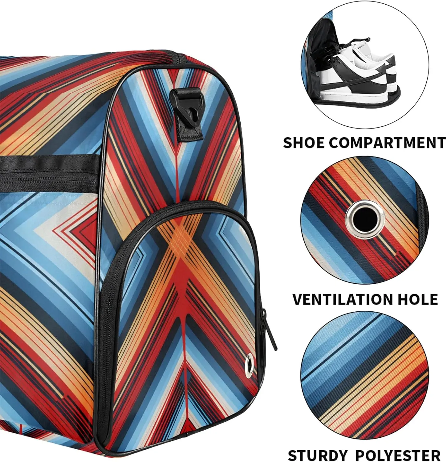 Gym Bag for Women Men Ethnic Abstract Modern Colorful Travel Duffle Bag with Shoe Compartment Waterproof Sports Tote Bags Large Overnight Weekender Bags for Travel Swimming Gym Yoga Dance