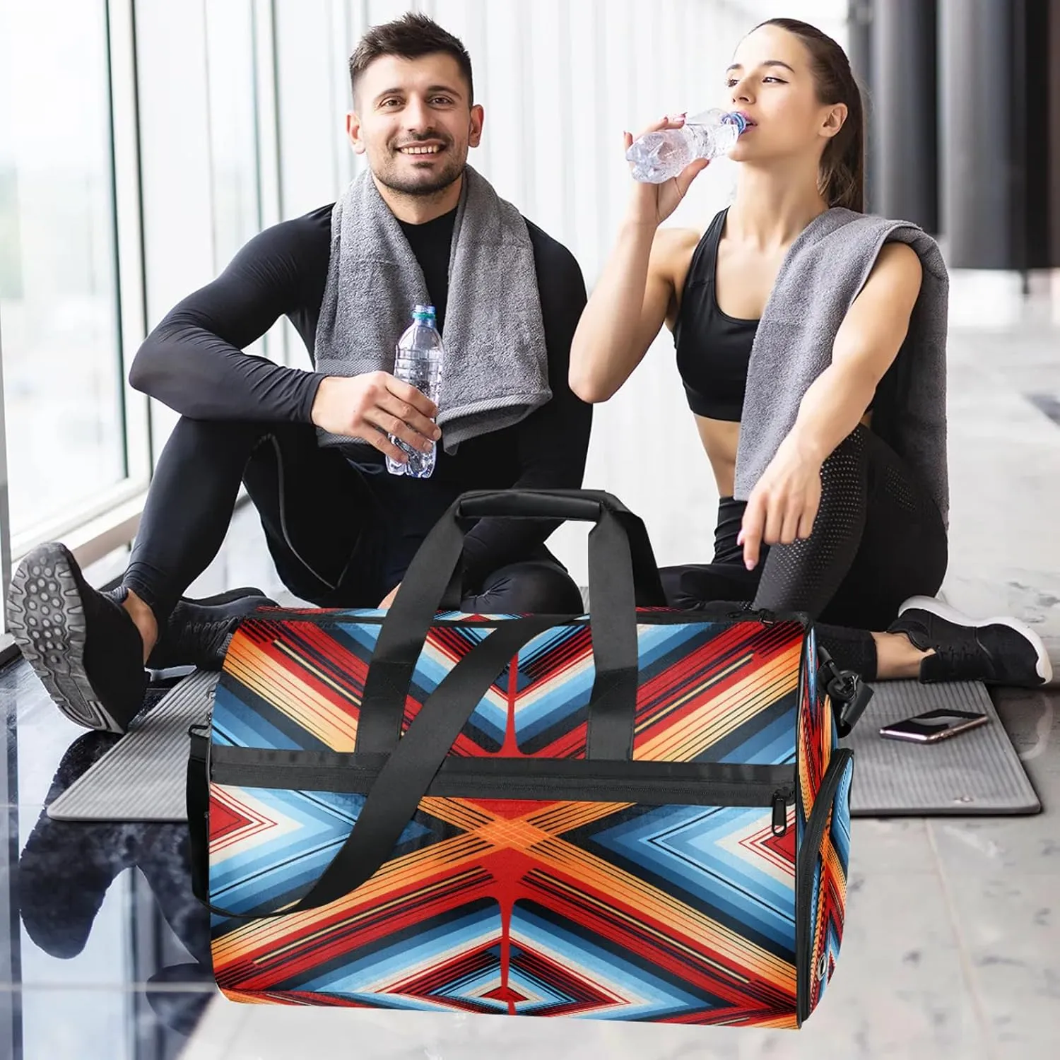 Gym Bag for Women Men Ethnic Abstract Modern Colorful Travel Duffle Bag with Shoe Compartment Waterproof Sports Tote Bags Large Overnight Weekender Bags for Travel Swimming Gym Yoga Dance