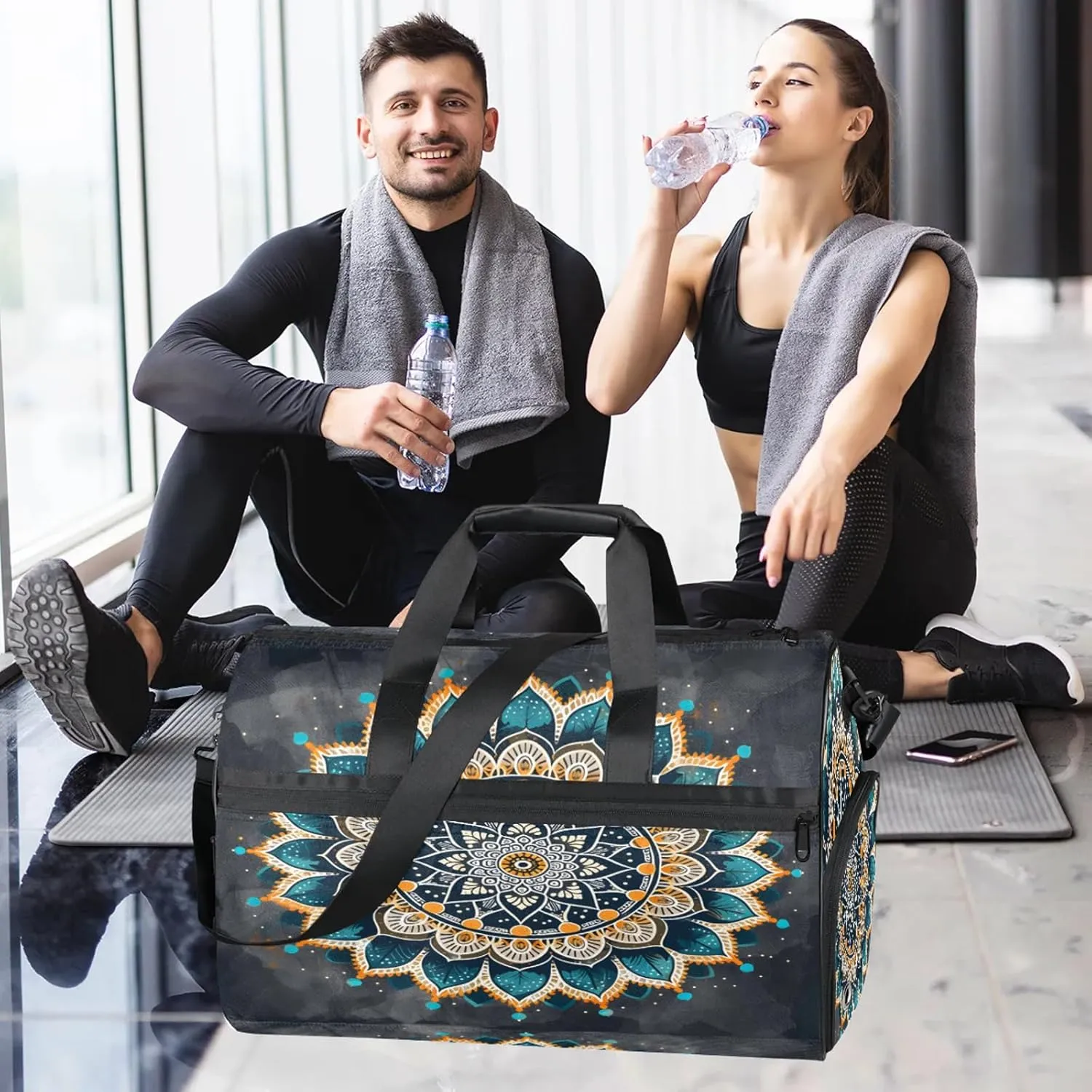 Gym Bag for Women Men Ethnic Colorful Mandala Abstract Travel Duffle Bag with Shoe Compartment Waterproof Sports Tote Bags Large Overnight Weekender Bags for Travel Swimming Gym Yoga Dance