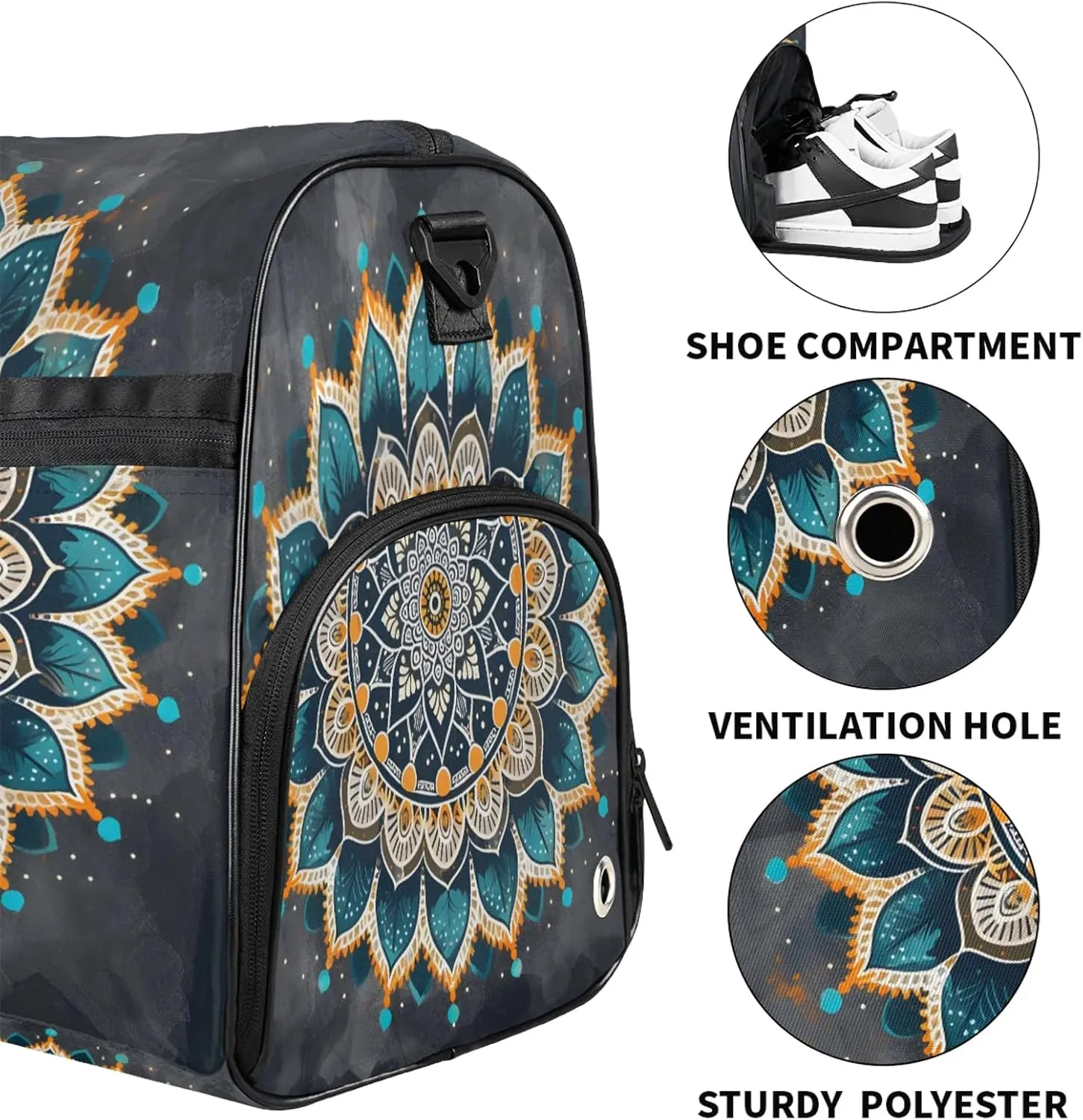 Gym Bag for Women Men Ethnic Colorful Mandala Abstract Travel Duffle Bag with Shoe Compartment Waterproof Sports Tote Bags Large Overnight Weekender Bags for Travel Swimming Gym Yoga Dance