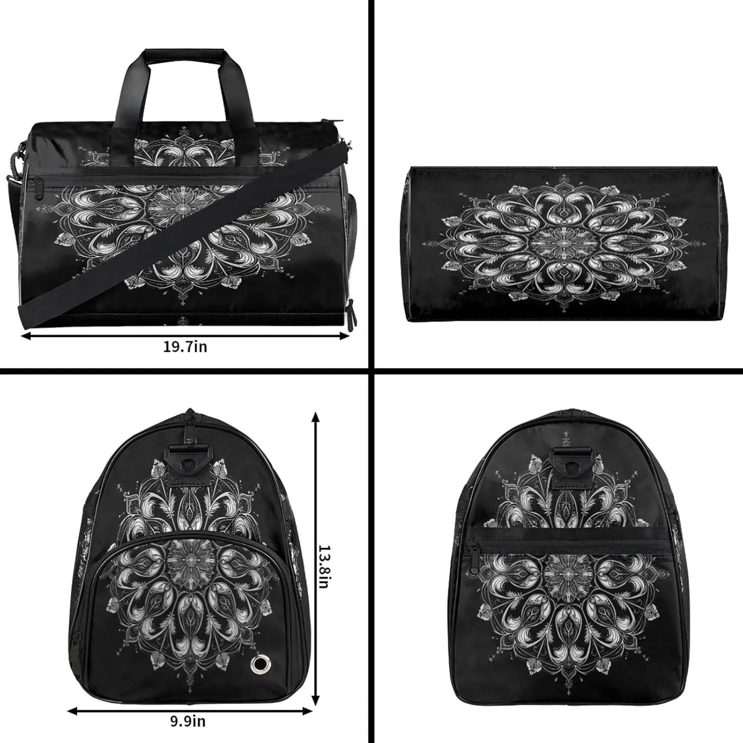 Gym Bag for Women Men Ethnic Mandala Flower Black Travel Duffle Bag with Shoe Compartment Waterproof Sports Tote Bags Large Overnight Weekender Bags for Travel Swimming Gym Yoga Dance