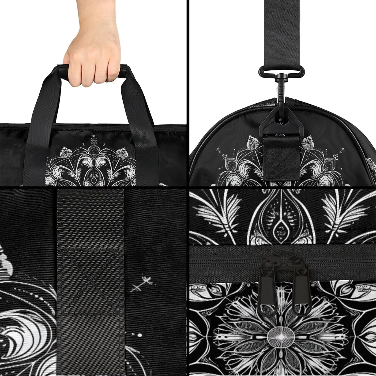 Gym Bag for Women Men Ethnic Mandala Flower Black Travel Duffle Bag with Shoe Compartment Waterproof Sports Tote Bags Large Overnight Weekender Bags for Travel Swimming Gym Yoga Dance