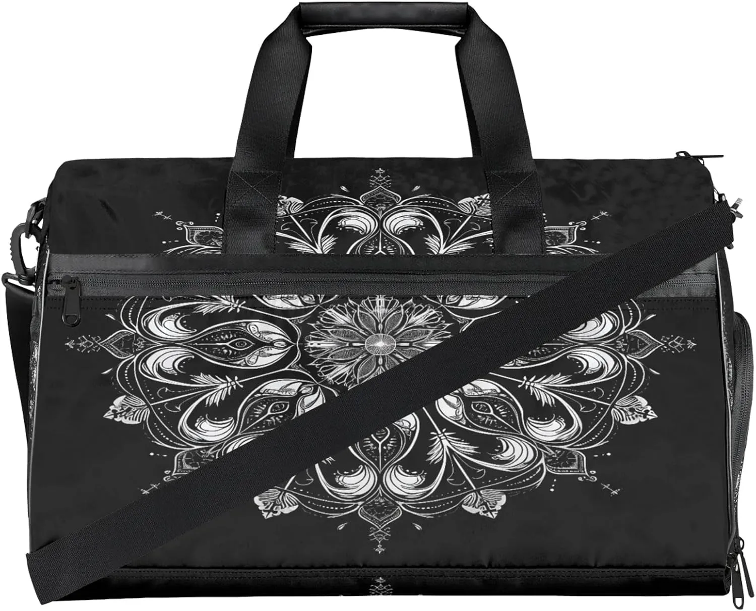 Gym Bag for Women Men Ethnic Mandala Flower Black Travel Duffle Bag with Shoe Compartment Waterproof Sports Tote Bags Large Overnight Weekender Bags for Travel Swimming Gym Yoga Dance