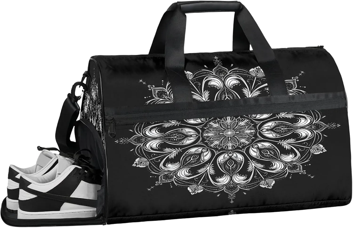 Gym Bag for Women Men Ethnic Mandala Flower Black Travel Duffle Bag with Shoe Compartment Waterproof Sports Tote Bags Large Overnight Weekender Bags for Travel Swimming Gym Yoga Dance