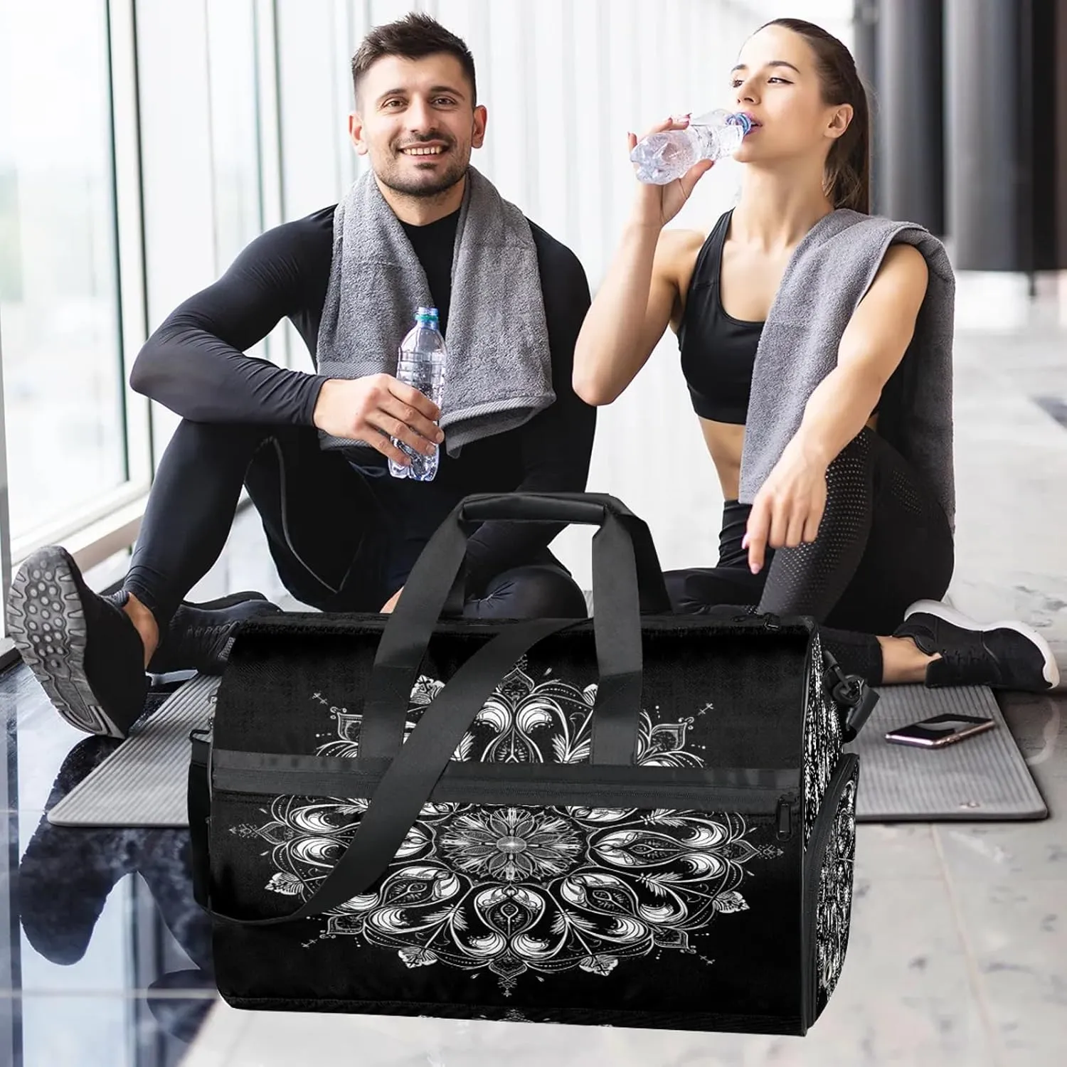 Gym Bag for Women Men Ethnic Mandala Flower Black Travel Duffle Bag with Shoe Compartment Waterproof Sports Tote Bags Large Overnight Weekender Bags for Travel Swimming Gym Yoga Dance