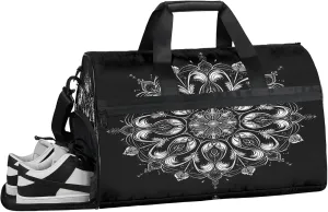 Gym Bag for Women Men Ethnic Mandala Flower Black Travel Duffle Bag with Shoe Compartment Waterproof Sports Tote Bags Large Overnight Weekender Bags for Travel Swimming Gym Yoga Dance