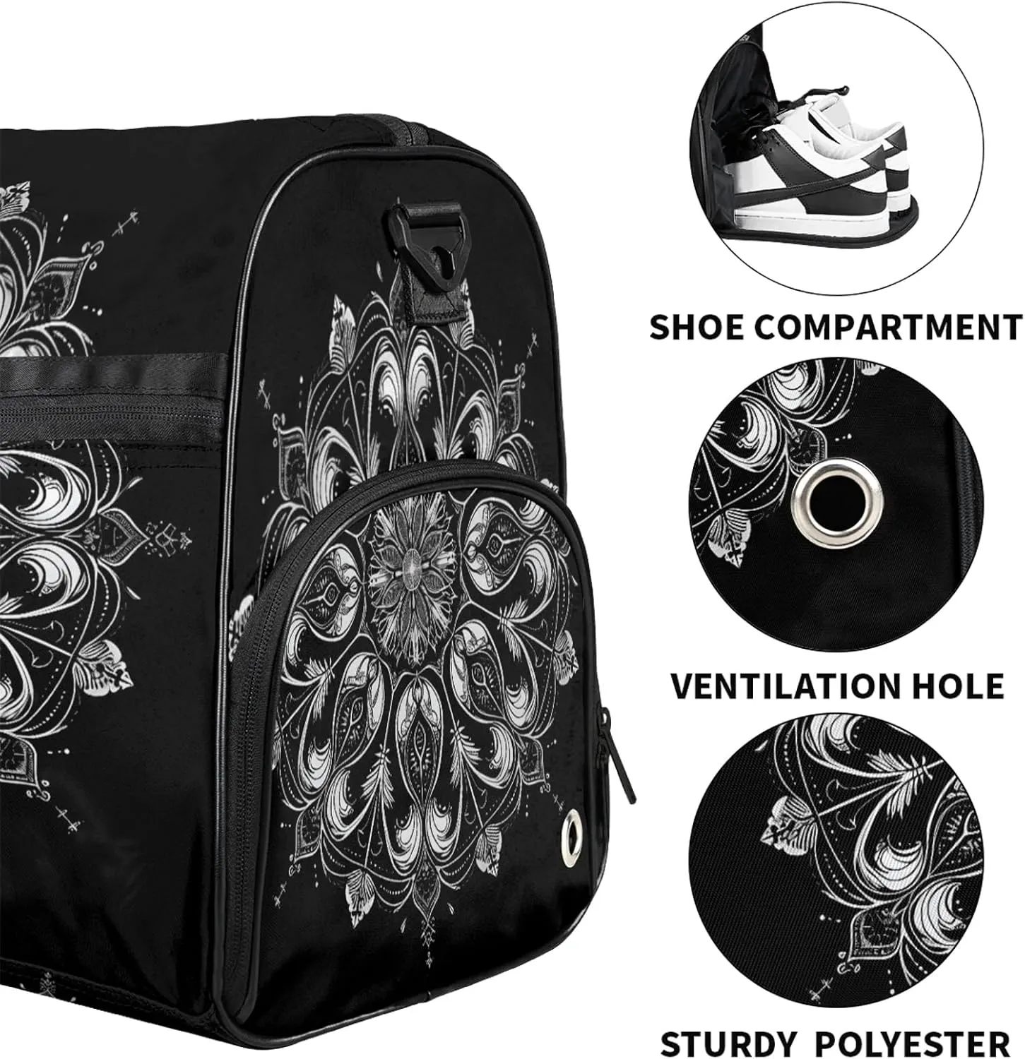 Gym Bag for Women Men Ethnic Mandala Flower Black Travel Duffle Bag with Shoe Compartment Waterproof Sports Tote Bags Large Overnight Weekender Bags for Travel Swimming Gym Yoga Dance