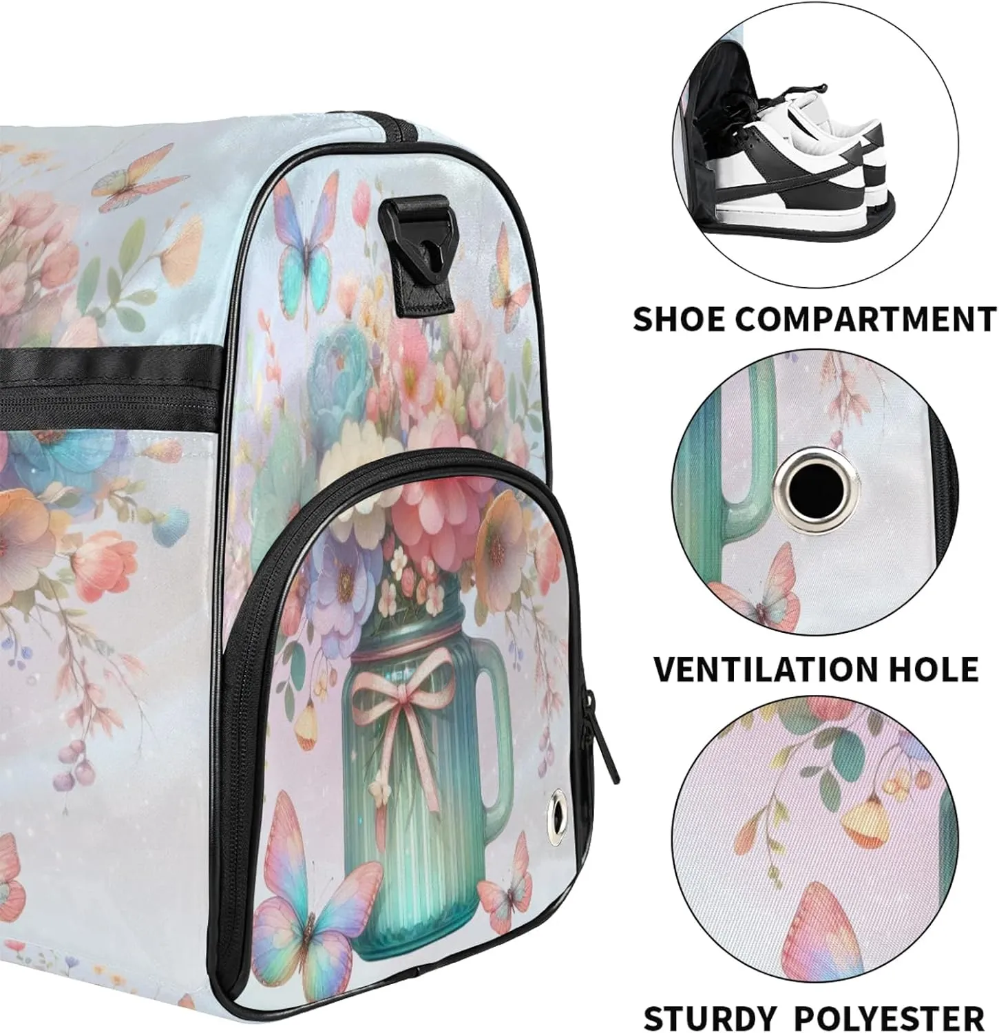 Gym Bag for Women Men Flower Beautiful Butterfly Rainbow Travel Duffle Bag with Shoe Compartment Waterproof Sports Tote Bags Large Overnight Weekender Bags for Travel Swimming Gym Yoga Dance