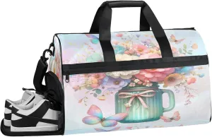 Gym Bag for Women Men Flower Beautiful Butterfly Rainbow Travel Duffle Bag with Shoe Compartment Waterproof Sports Tote Bags Large Overnight Weekender Bags for Travel Swimming Gym Yoga Dance