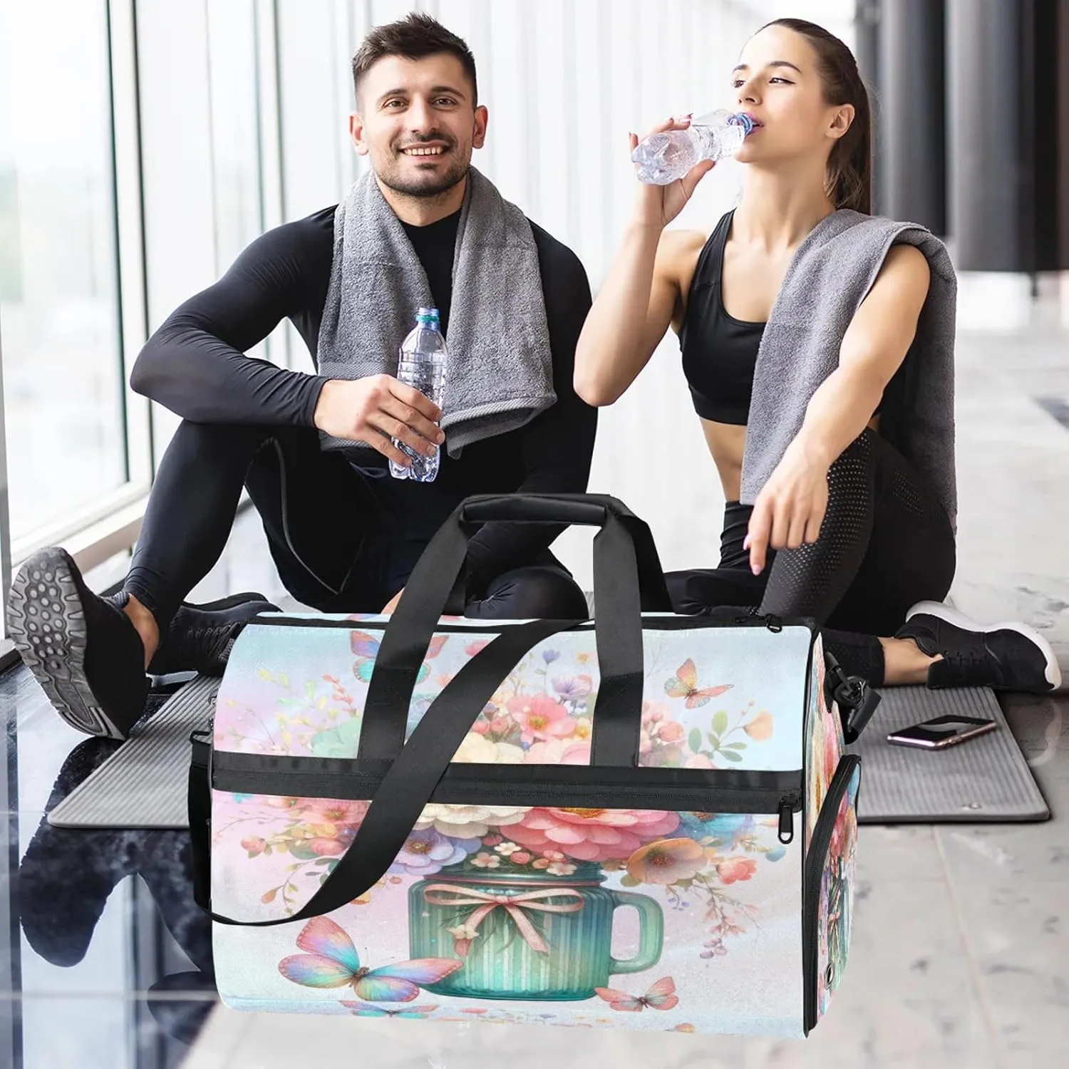 Gym Bag for Women Men Flower Beautiful Butterfly Rainbow Travel Duffle Bag with Shoe Compartment Waterproof Sports Tote Bags Large Overnight Weekender Bags for Travel Swimming Gym Yoga Dance