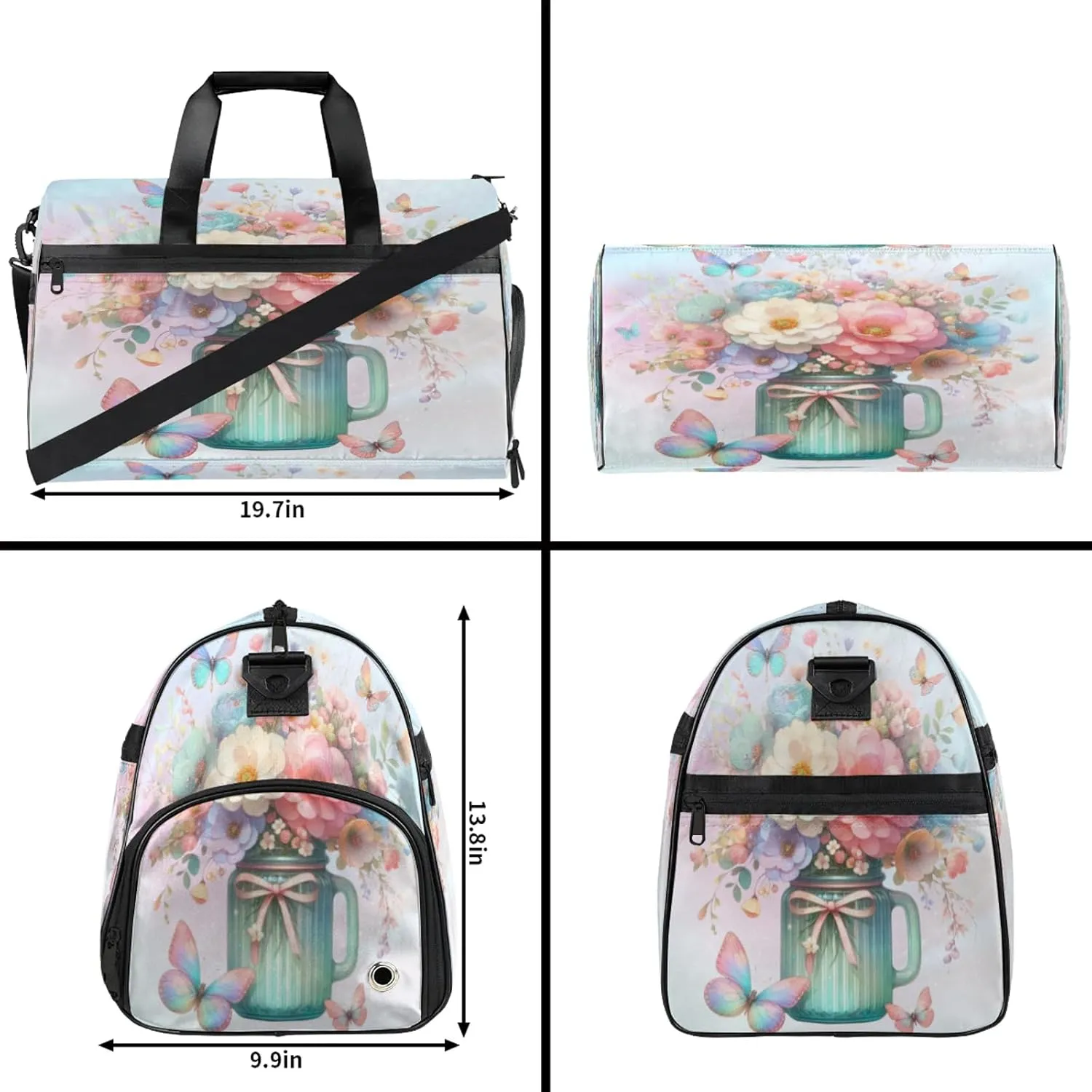 Gym Bag for Women Men Flower Beautiful Butterfly Rainbow Travel Duffle Bag with Shoe Compartment Waterproof Sports Tote Bags Large Overnight Weekender Bags for Travel Swimming Gym Yoga Dance