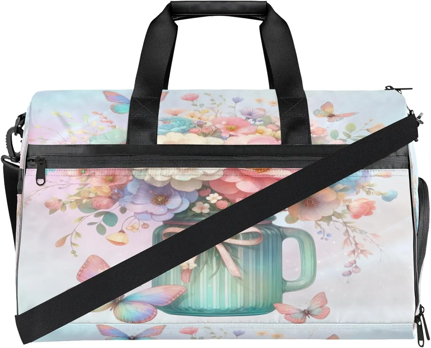 Gym Bag for Women Men Flower Beautiful Butterfly Rainbow Travel Duffle Bag with Shoe Compartment Waterproof Sports Tote Bags Large Overnight Weekender Bags for Travel Swimming Gym Yoga Dance