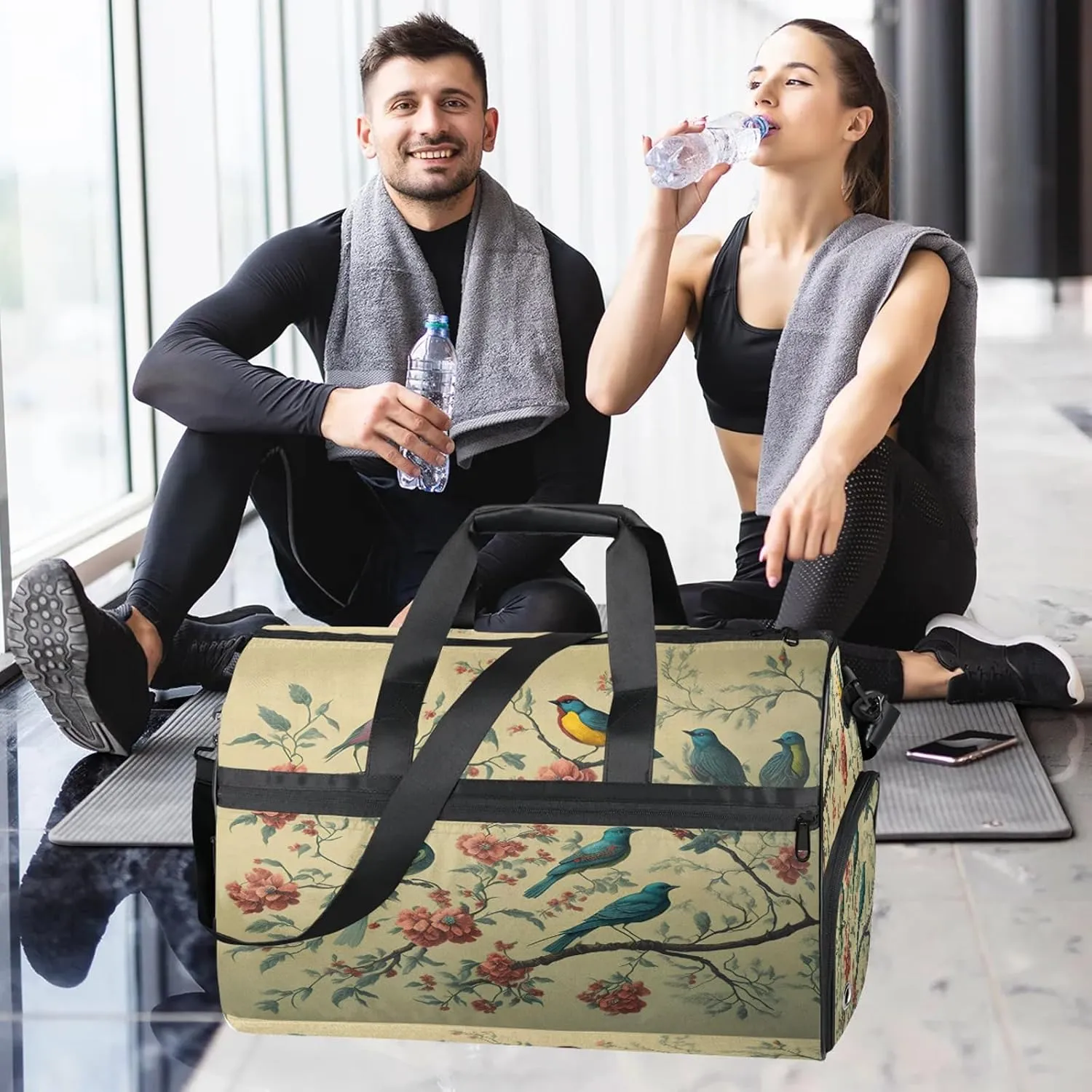 Gym Bag for Women Men Retro Abstract Bird Travel Duffle Bag with Shoe Compartment Waterproof Sports Tote Bags Large Overnight Weekender Bags for Travel Swimming Gym Yoga Dance
