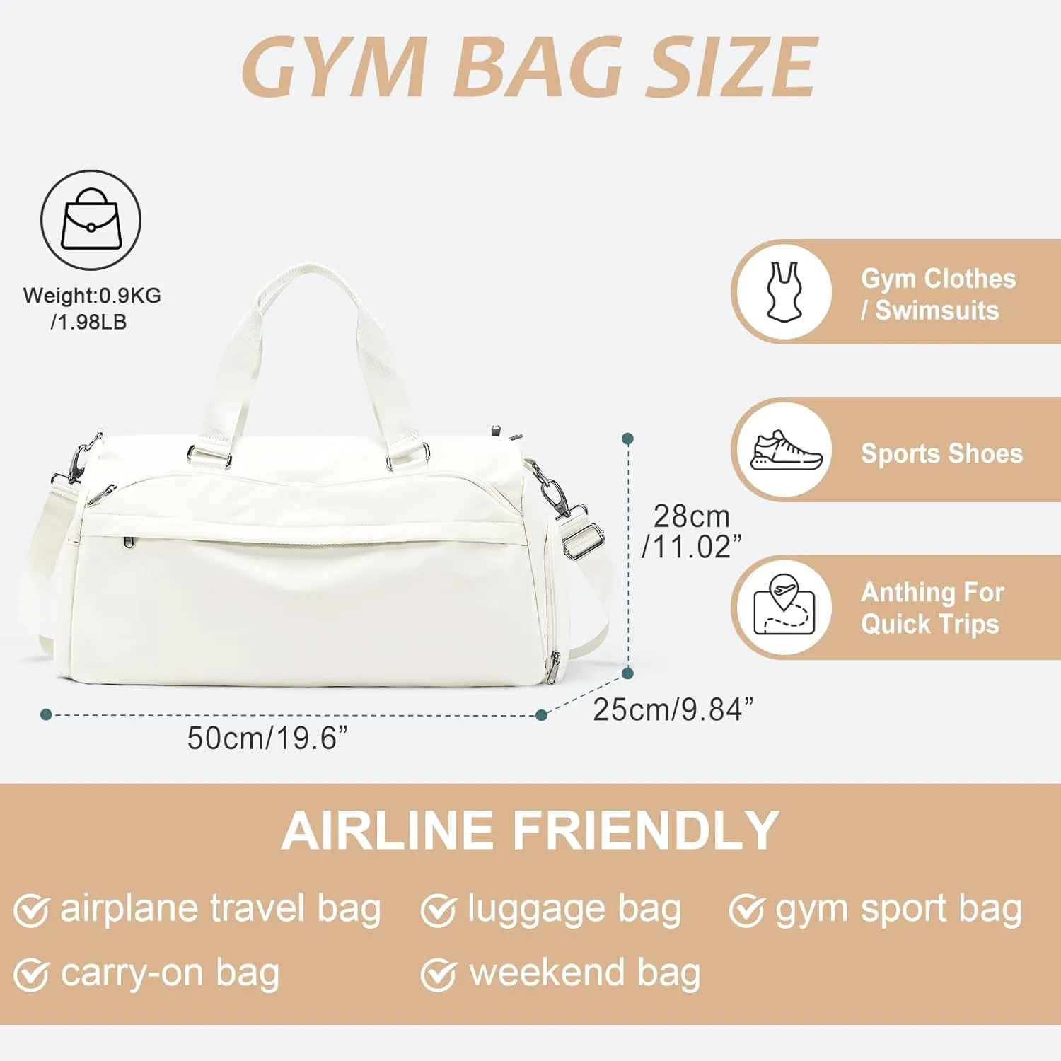 Gym Bag for Women Men with Shoe Compartment,Waterproof Sports Duffle Bag for Travel Weekender Overnight Carry on Bag Gym Tote Bags Workout Bag for Swimming Yoga Hospital Holdalls Beige