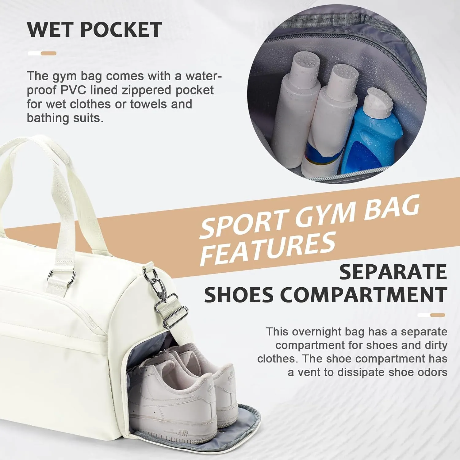 Gym Bag for Women Men with Shoe Compartment,Waterproof Sports Duffle Bag for Travel Weekender Overnight Carry on Bag Gym Tote Bags Workout Bag for Swimming Yoga Hospital Holdalls Beige