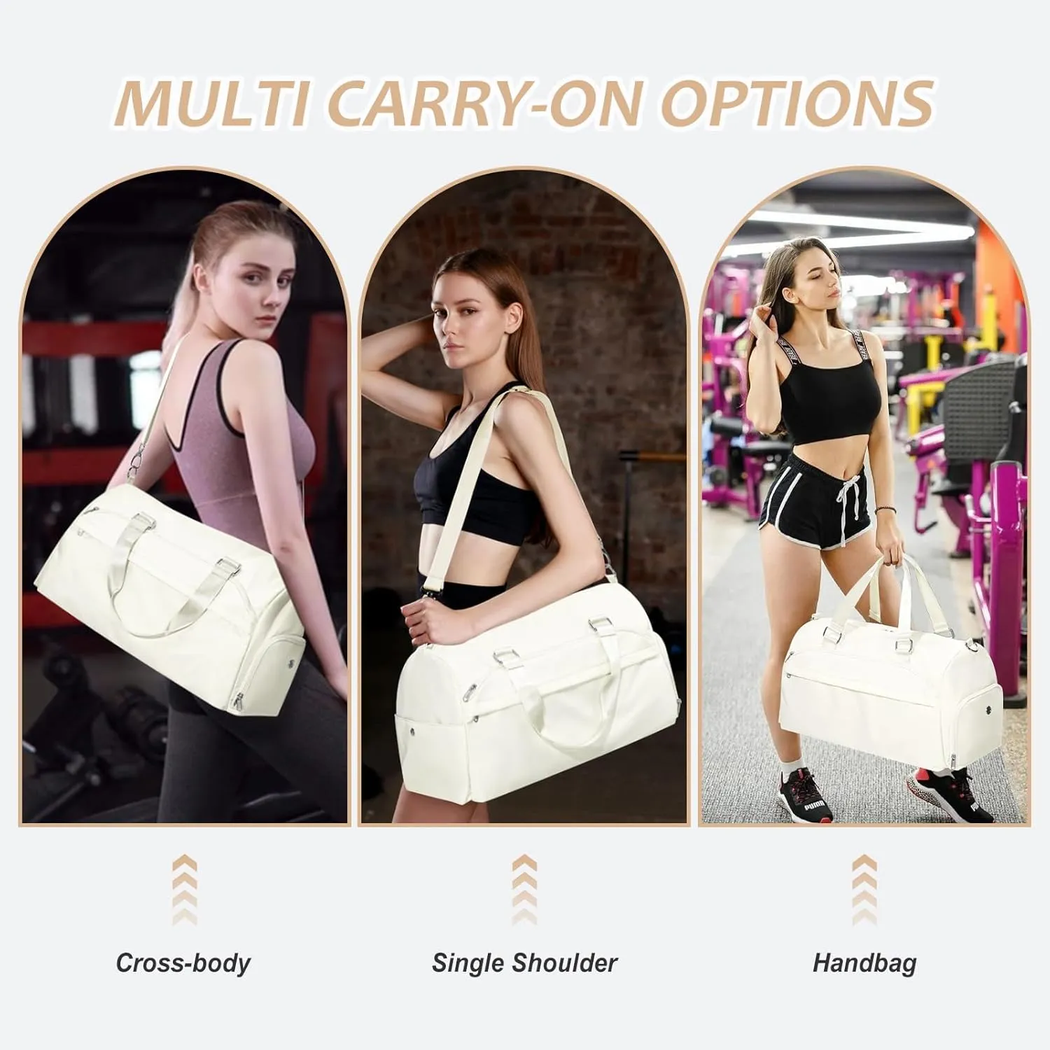 Gym Bag for Women Men with Shoe Compartment,Waterproof Sports Duffle Bag for Travel Weekender Overnight Carry on Bag Gym Tote Bags Workout Bag for Swimming Yoga Hospital Holdalls Beige