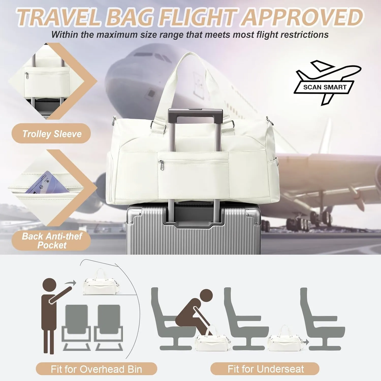 Gym Bag for Women Men with Shoe Compartment,Waterproof Sports Duffle Bag for Travel Weekender Overnight Carry on Bag Gym Tote Bags Workout Bag for Swimming Yoga Hospital Holdalls Beige