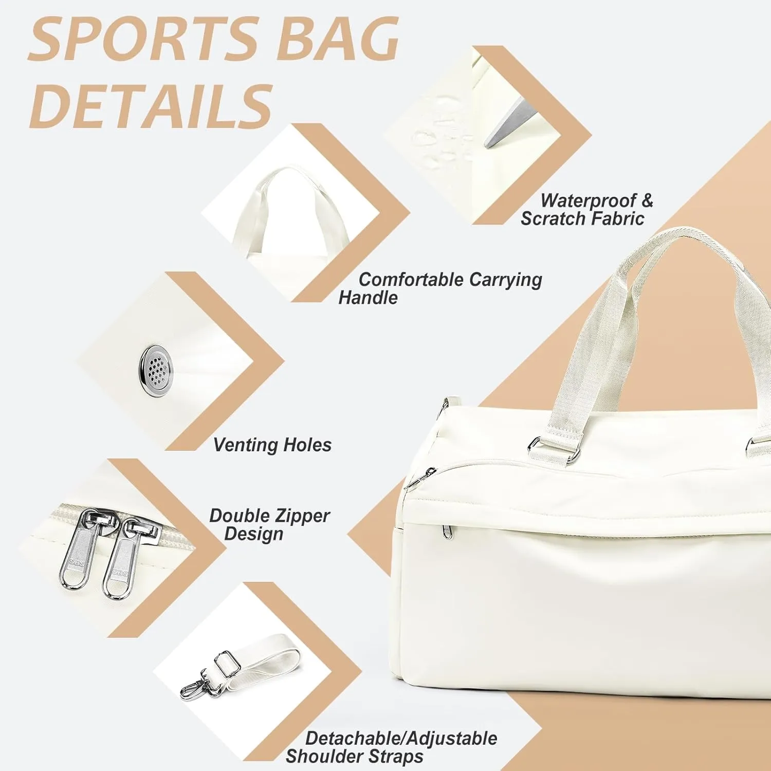 Gym Bag for Women Men with Shoe Compartment,Waterproof Sports Duffle Bag for Travel Weekender Overnight Carry on Bag Gym Tote Bags Workout Bag for Swimming Yoga Hospital Holdalls Beige