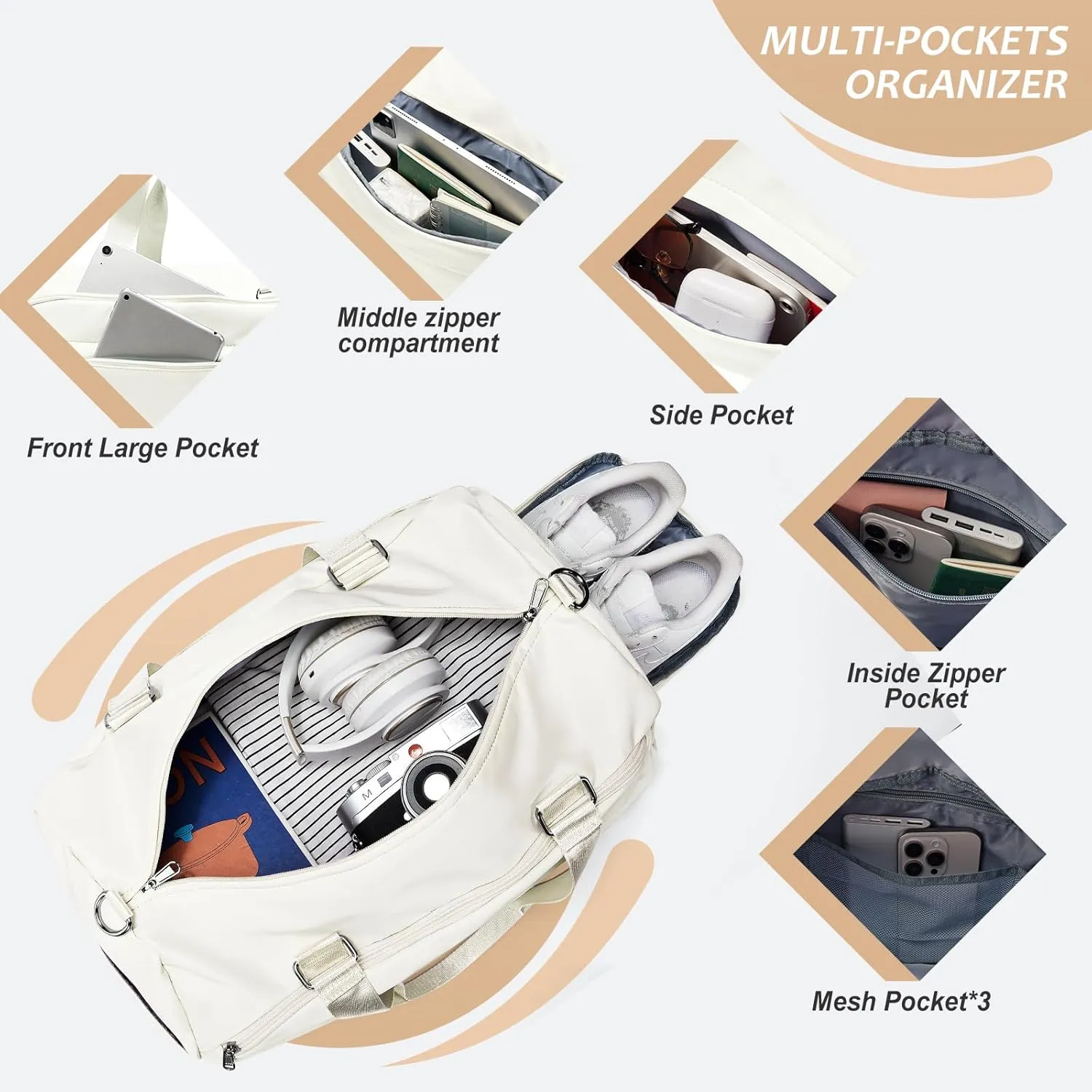 Gym Bag for Women Men with Shoe Compartment,Waterproof Sports Duffle Bag for Travel Weekender Overnight Carry on Bag Gym Tote Bags Workout Bag for Swimming Yoga Hospital Holdalls Beige