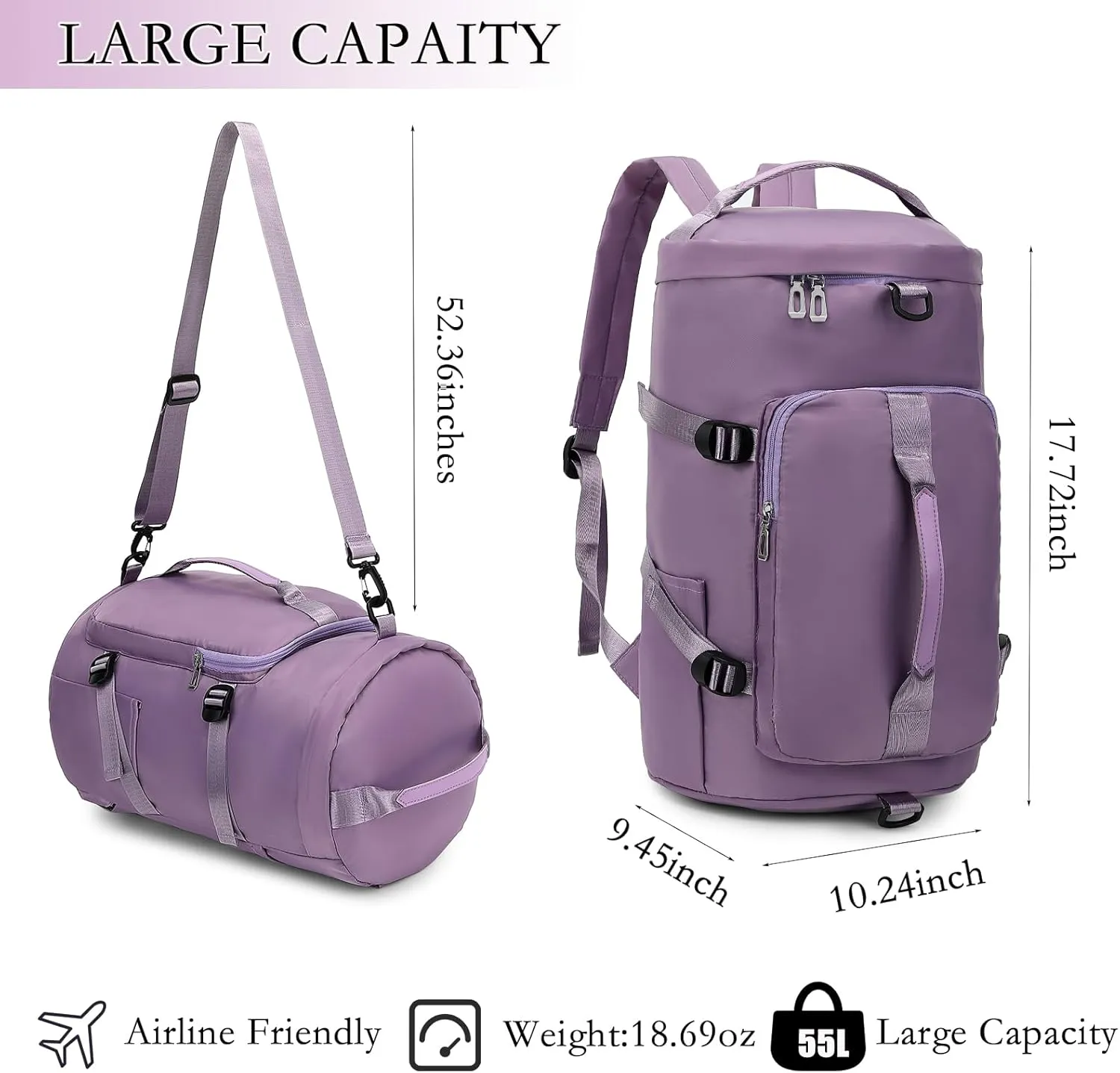 Gym Bag for Women,Waterproof Duffel Backpack Sports Duffle Bag with Shoes Compartment,Carry On Rucksack Daypack for Travel Yoga Camping (Purple)