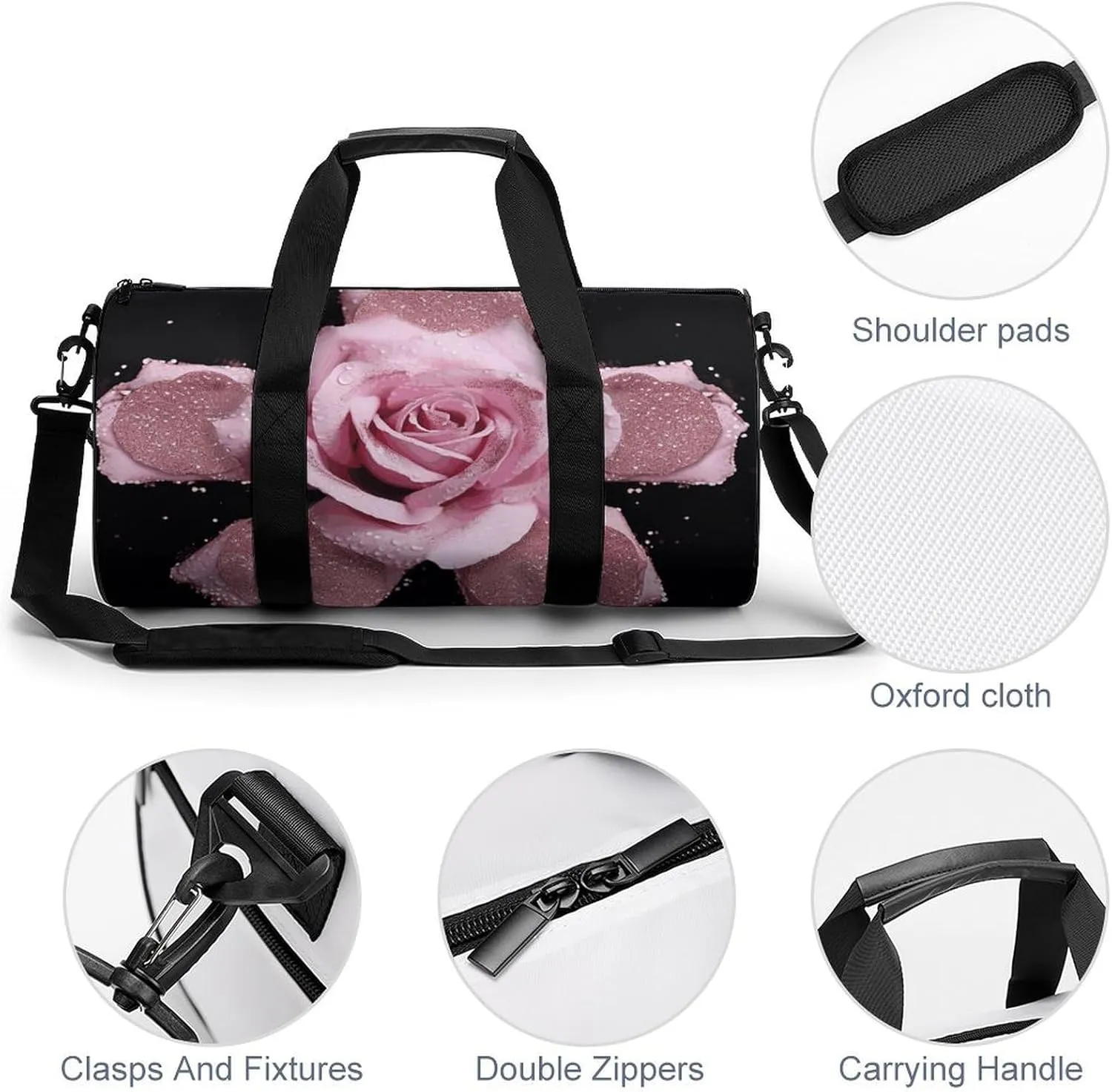 Gym Bag Glitter Rose Duffel Bag for Men Women Overnight Bag with Shoe Compartment Workout Bags