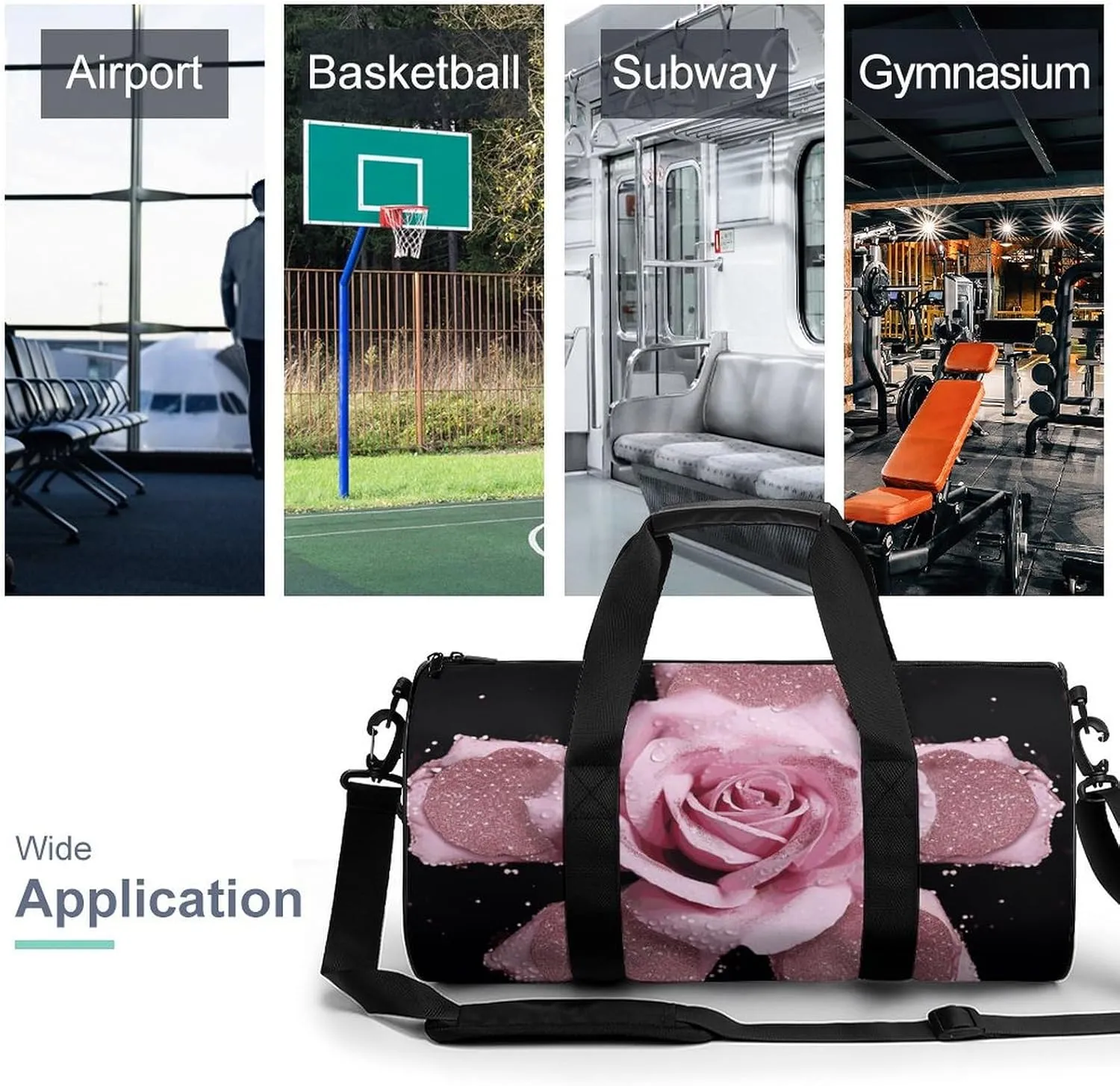 Gym Bag Glitter Rose Duffel Bag for Men Women Overnight Bag with Shoe Compartment Workout Bags