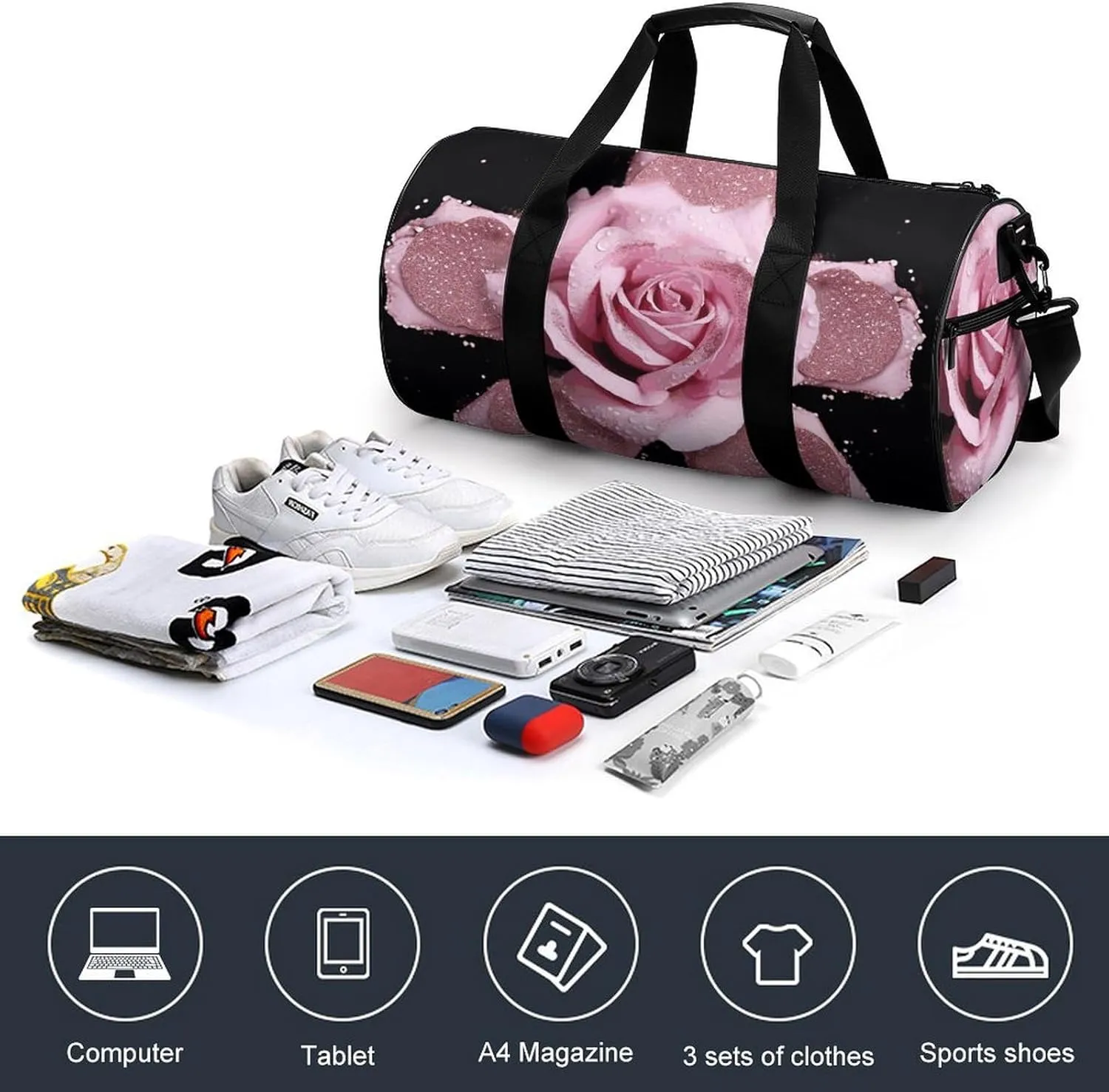 Gym Bag Glitter Rose Duffel Bag for Men Women Overnight Bag with Shoe Compartment Workout Bags