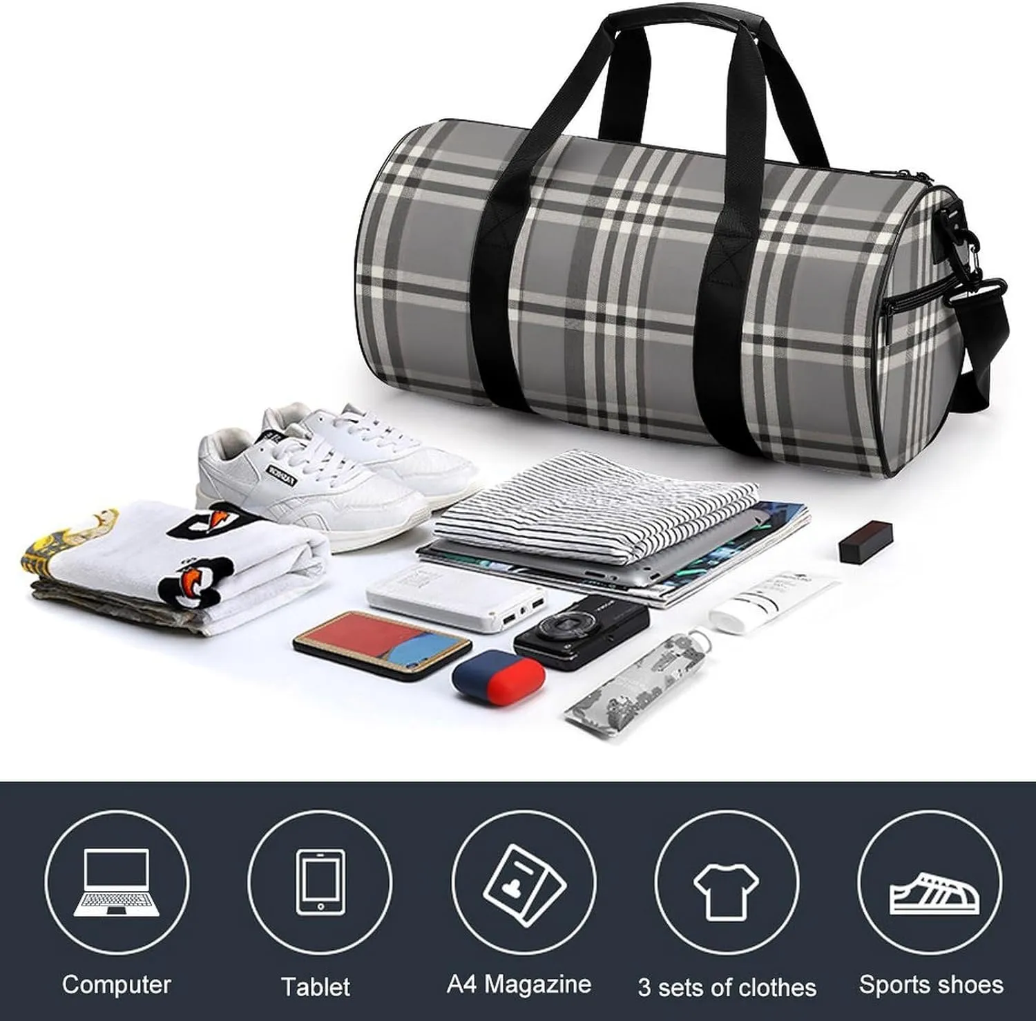 Gym Bag Gray Plaid Lines Duffel Bag for Men Women Overnight Bag with Shoe Compartment Workout Bags