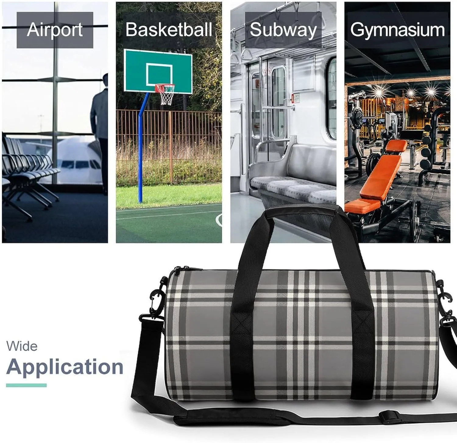Gym Bag Gray Plaid Lines Duffel Bag for Men Women Overnight Bag with Shoe Compartment Workout Bags