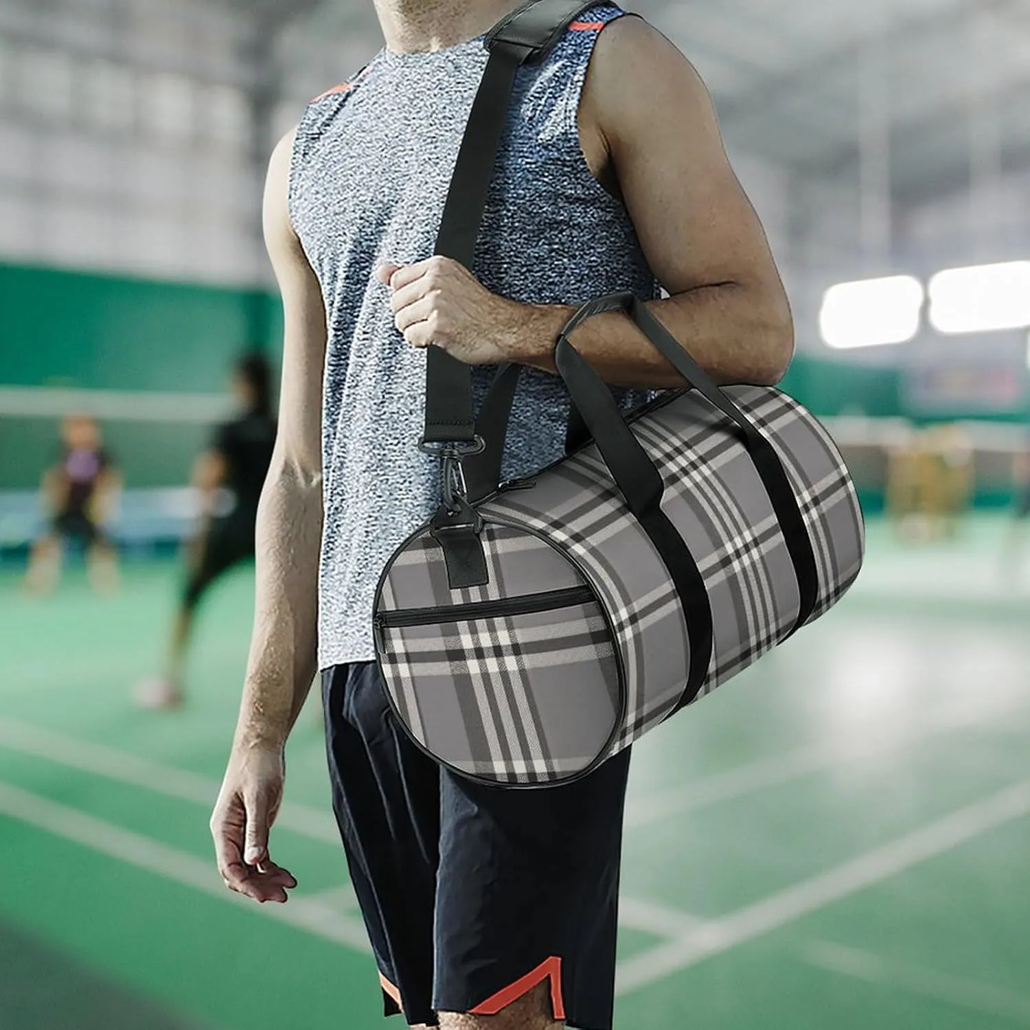 Gym Bag Gray Plaid Lines Duffel Bag for Men Women Overnight Bag with Shoe Compartment Workout Bags