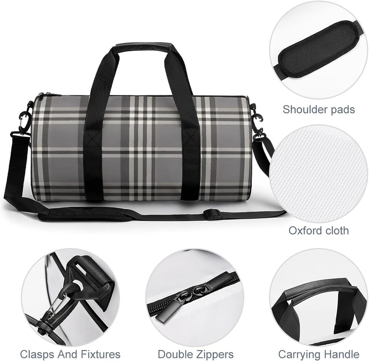Gym Bag Gray Plaid Lines Duffel Bag for Men Women Overnight Bag with Shoe Compartment Workout Bags
