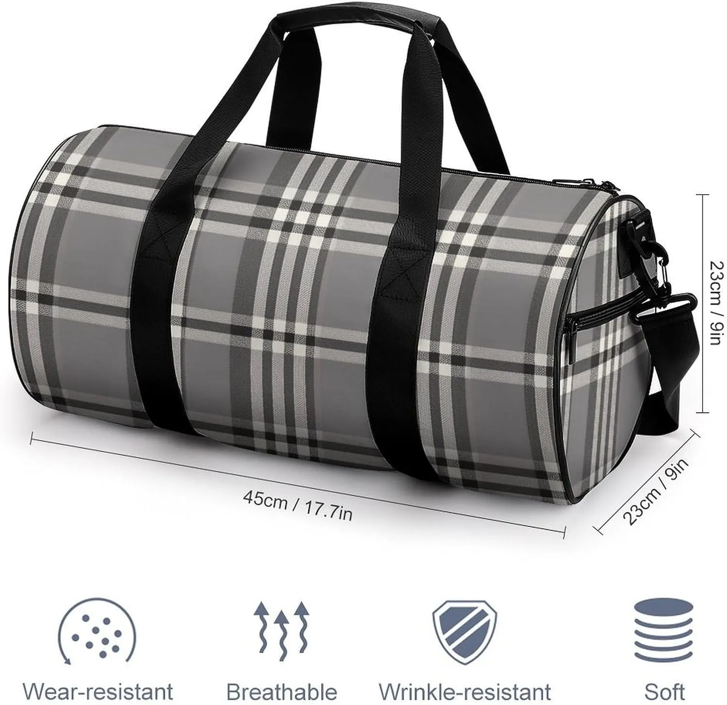 Gym Bag Gray Plaid Lines Duffel Bag for Men Women Overnight Bag with Shoe Compartment Workout Bags