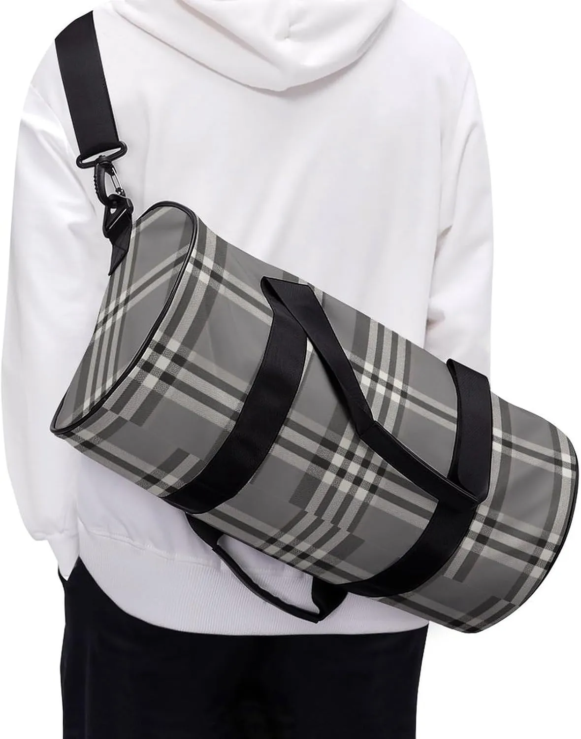 Gym Bag Gray Plaid Lines Duffel Bag for Men Women Overnight Bag with Shoe Compartment Workout Bags