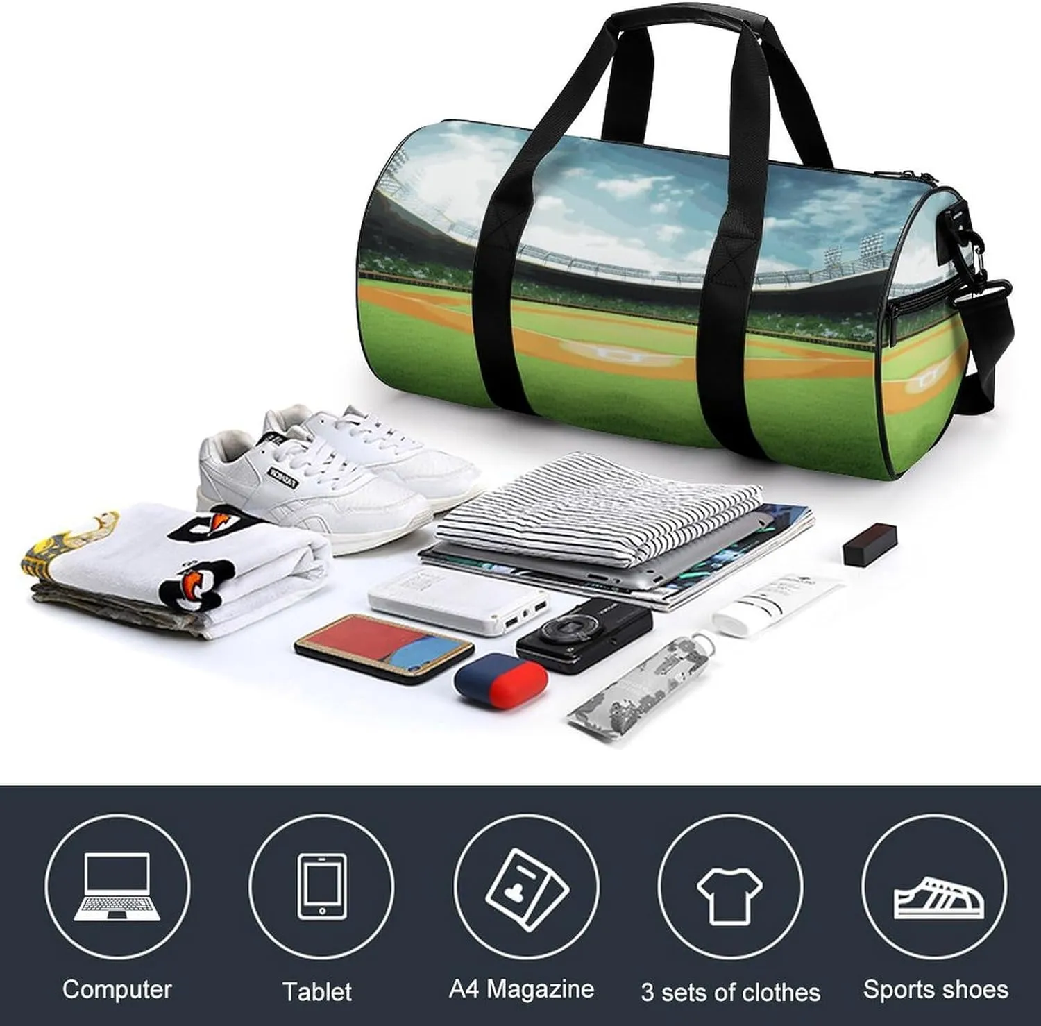 Gym Bag Green Baseball Field Backdrop Duffel Bag for Men Women Overnight Bag with Shoe Compartment Workout Bags