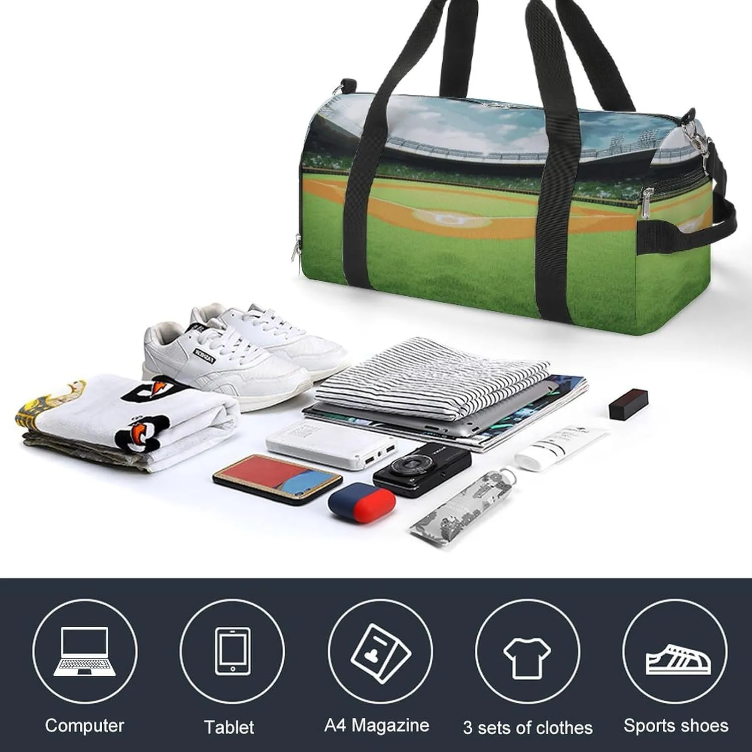Gym Bag Green Baseball Field Backdrop Duffel Bag for Men Women Overnight Bag with Shoe Compartment Workout Bags